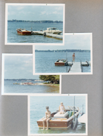Wawasee - Chris Craft and Glen's boat at dock. Cindy and Alan in boat.