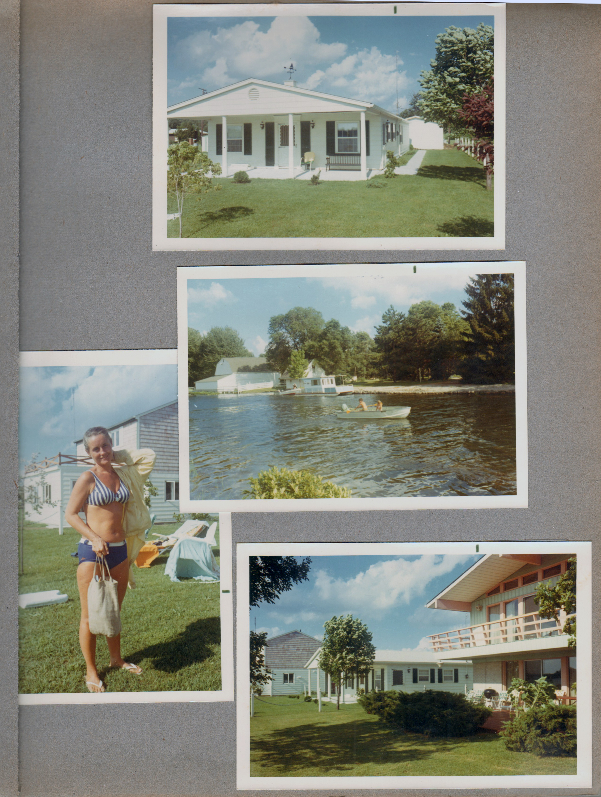 Wawasee - house, porch. Cindy and Alan in rowboat. Rosemary on yard. 3 houses Novi (Novy?), Hague. Sprague.