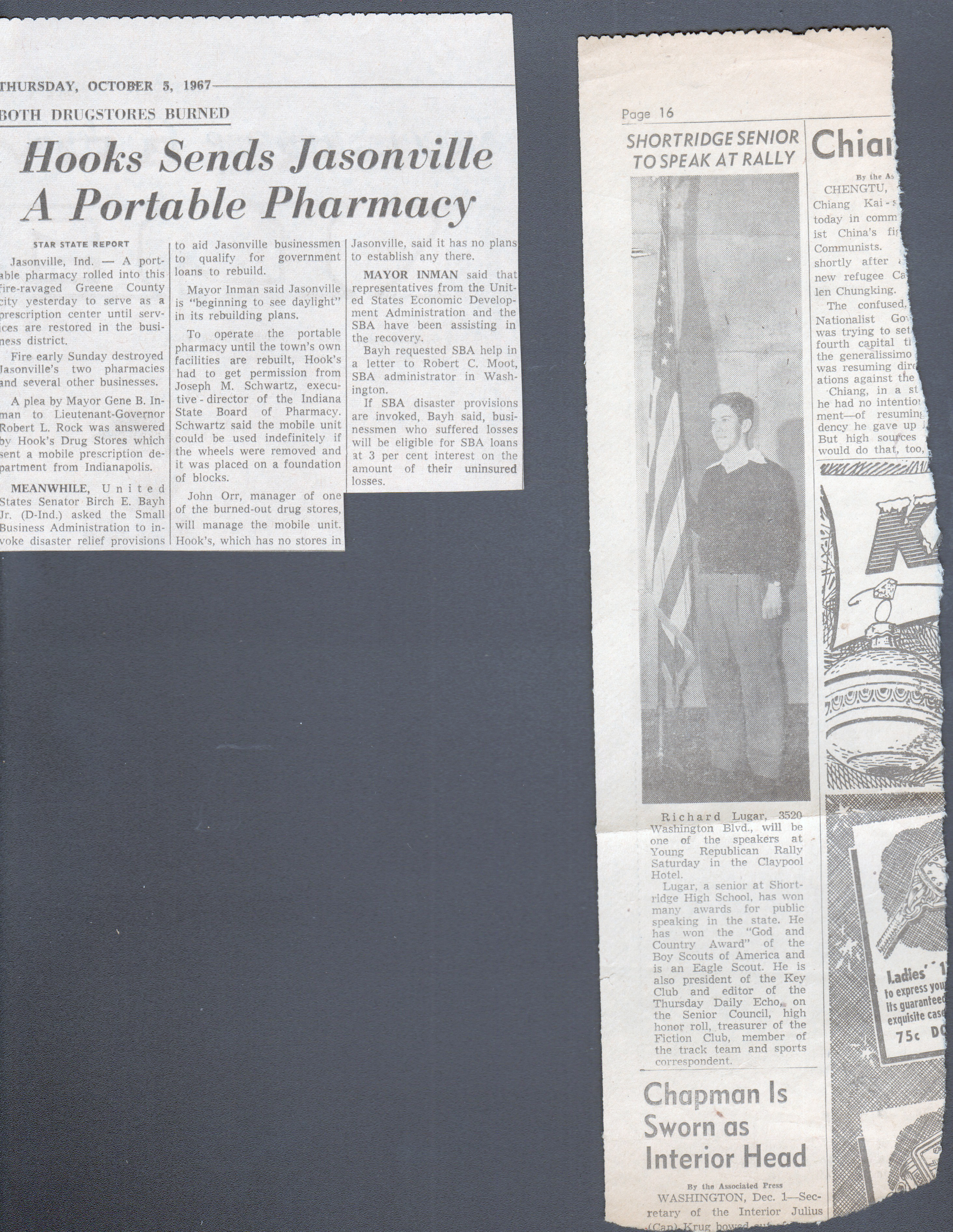 newspaper clipping - Hooks sends Jasonville portable pharmacy. Shortridge senior to speak - Richard Lugar