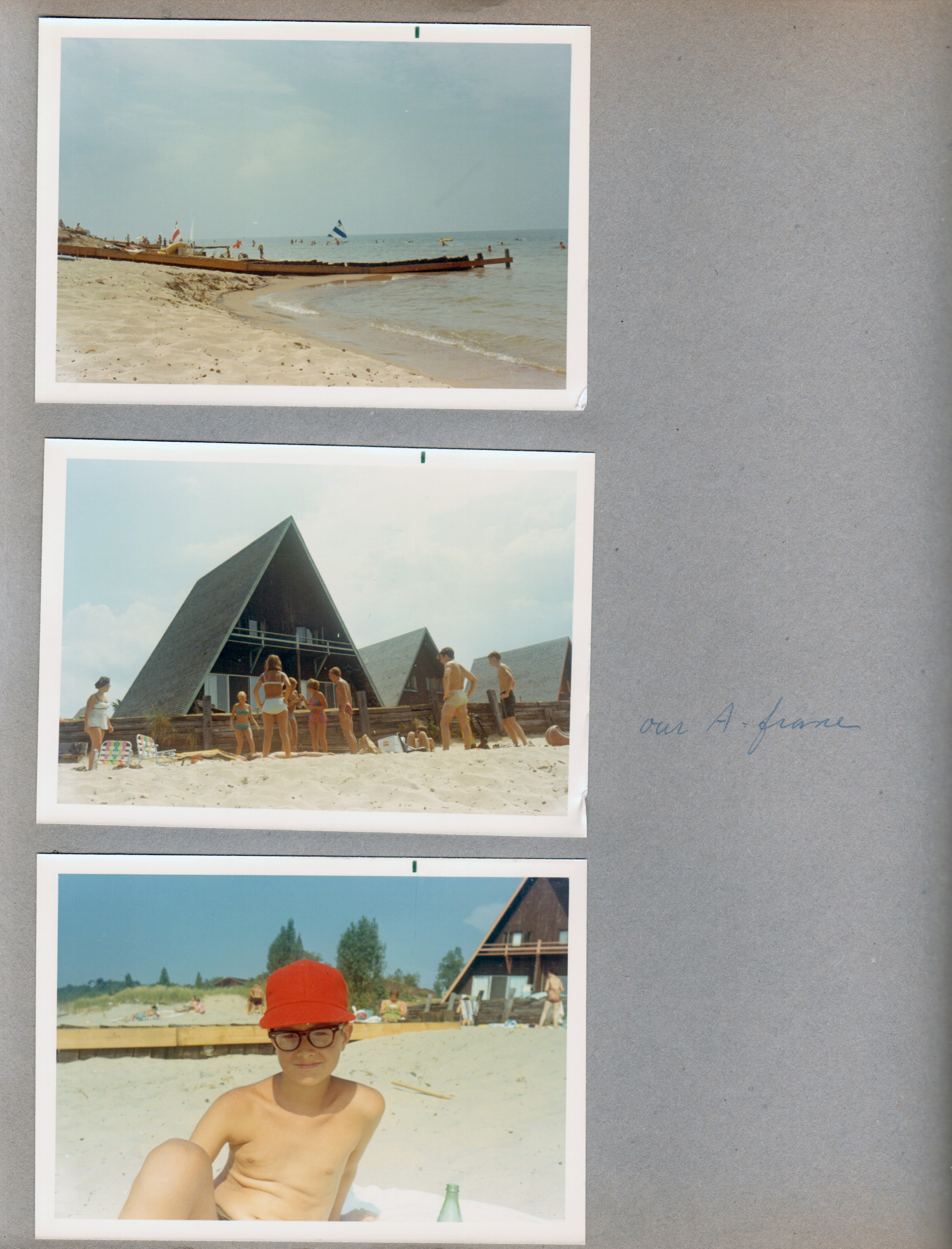 Chalet on the Lake - Stevensville MI - Lake Michigan and jetty. Our A frame. Alan on beach red hat.