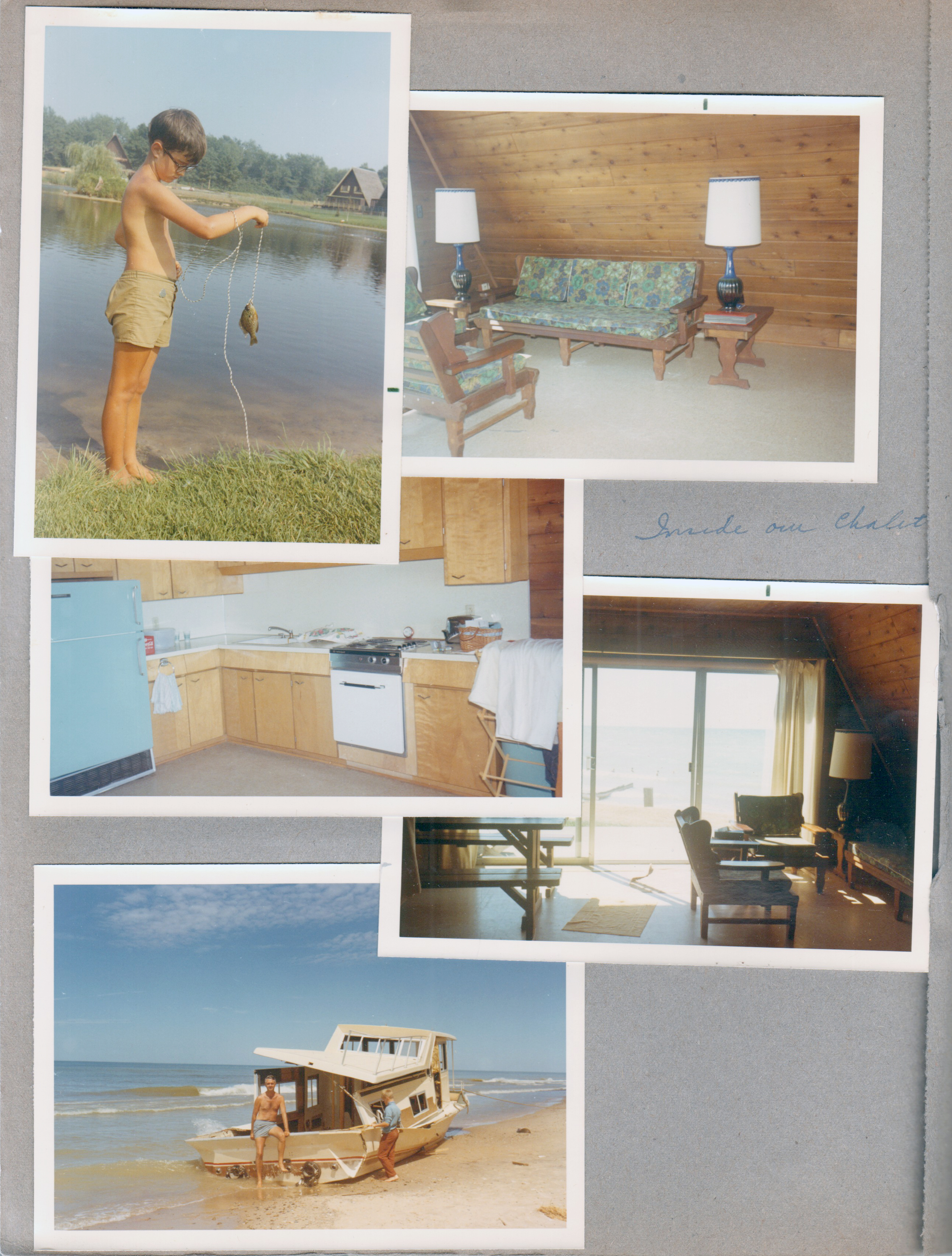 Chalet on the Lake - Stevensville MI - Alan with tiny bluegill, Inside our chalet - kitchen, living room. Wrecked boat on beach - John