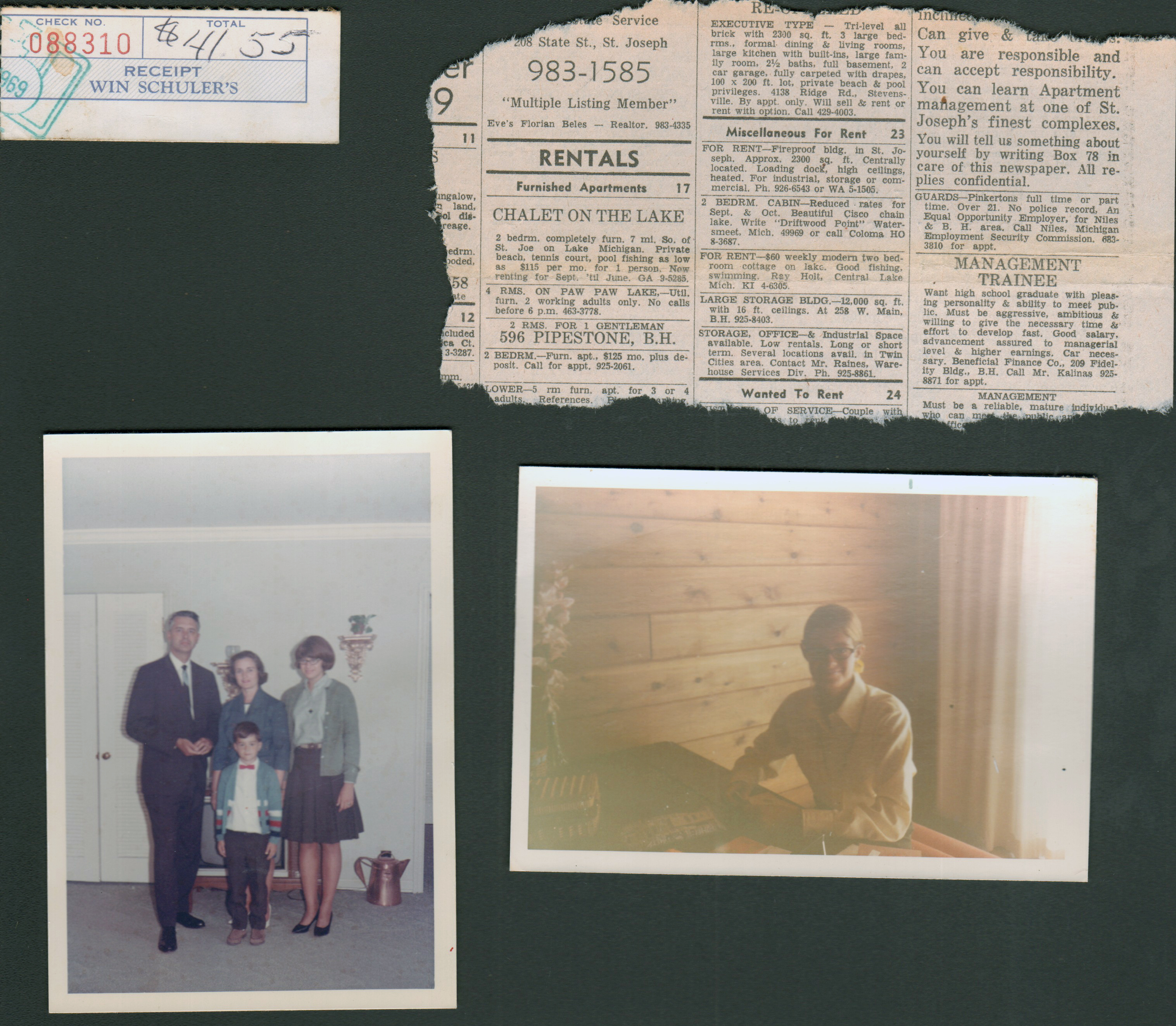 loose items - Win Schuler's receipt. Chalet on the lakes ad. John, Rosemary, Susan, Alan at Warren's house in Kokomo. Susan in Chalet.