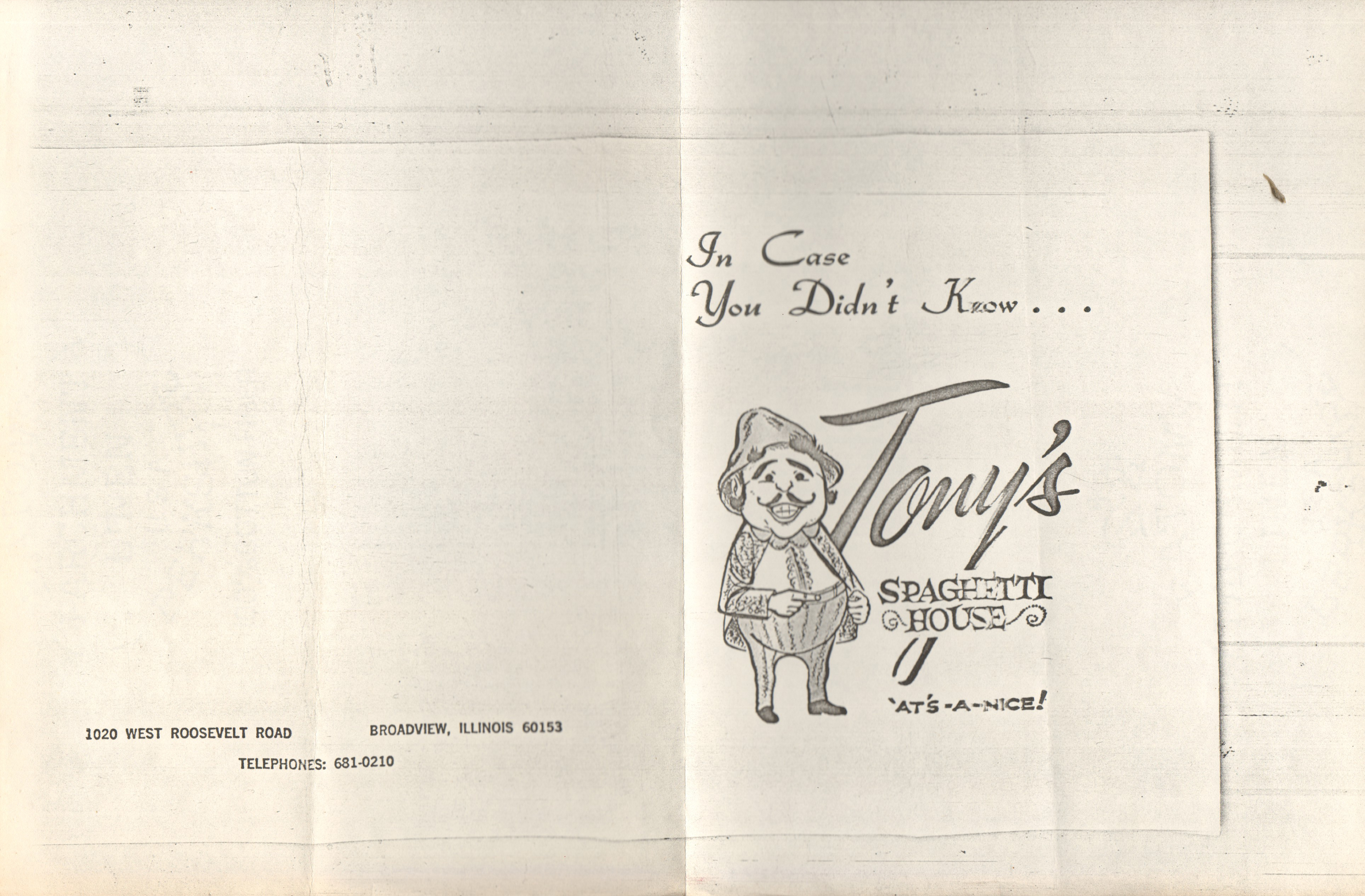 loose items - Xeroxed menu from Tony's Spaghetti House Broadview, IL.