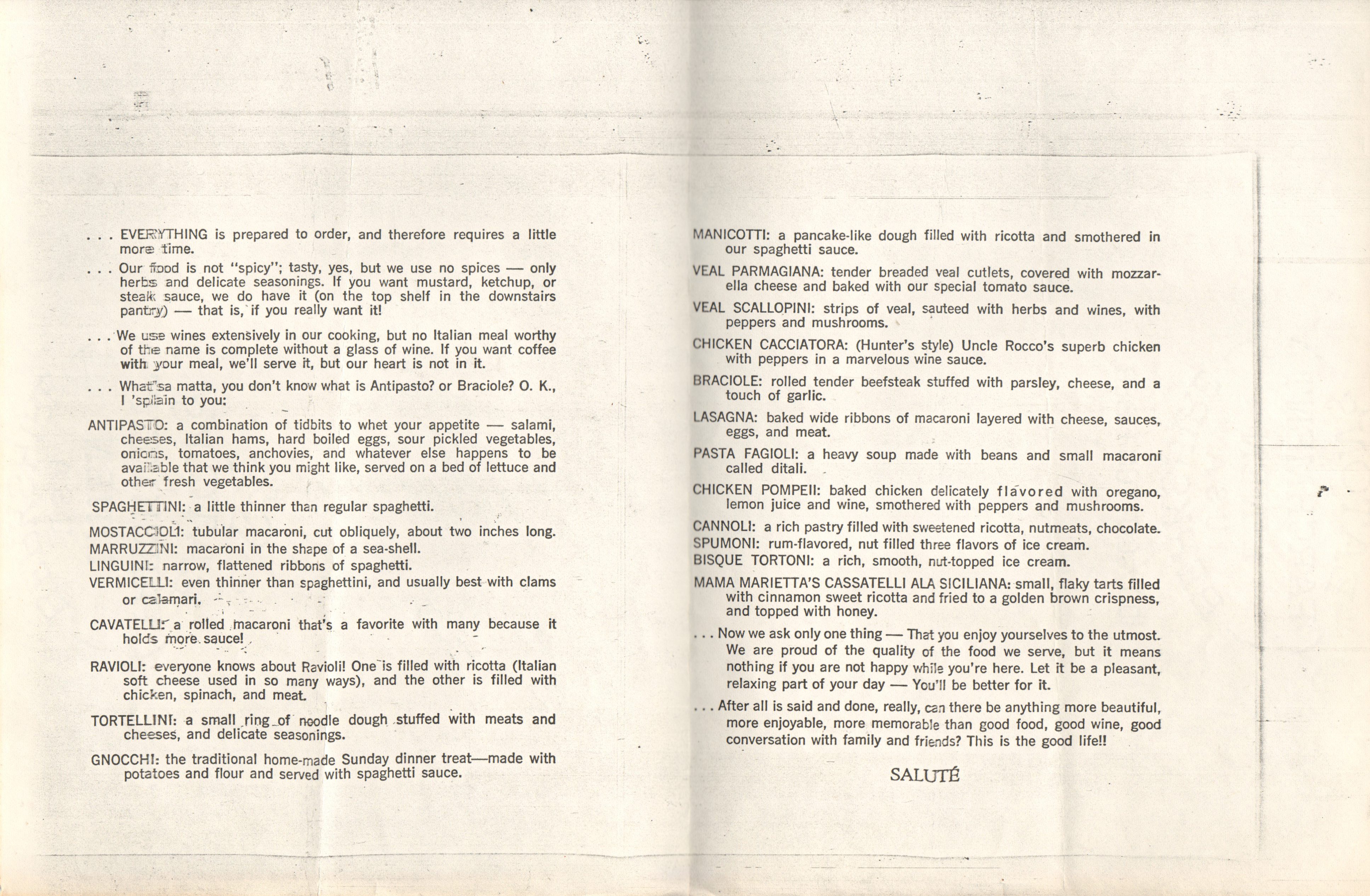 loose items - Xeroxed menu from Tony's Spaghetti House with pasta descriptions