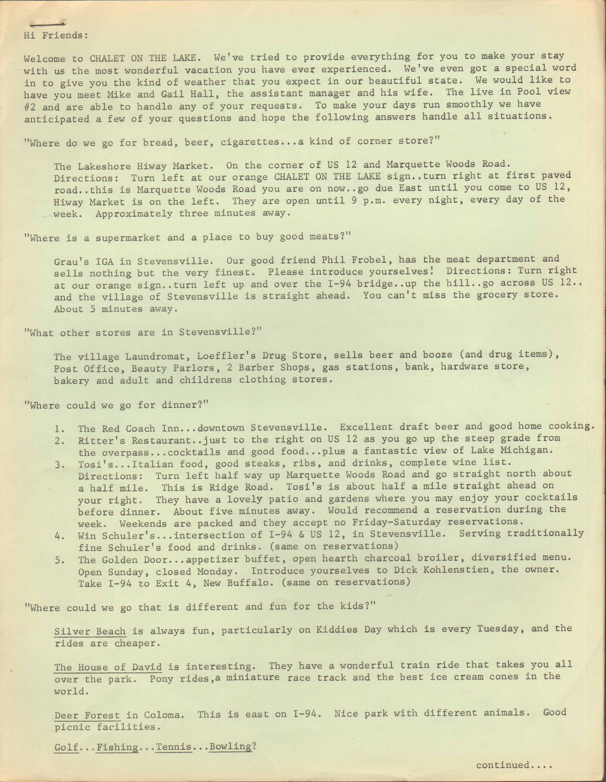 loose items - Chalet on the Lake - Stevensville MI -  welcome letter