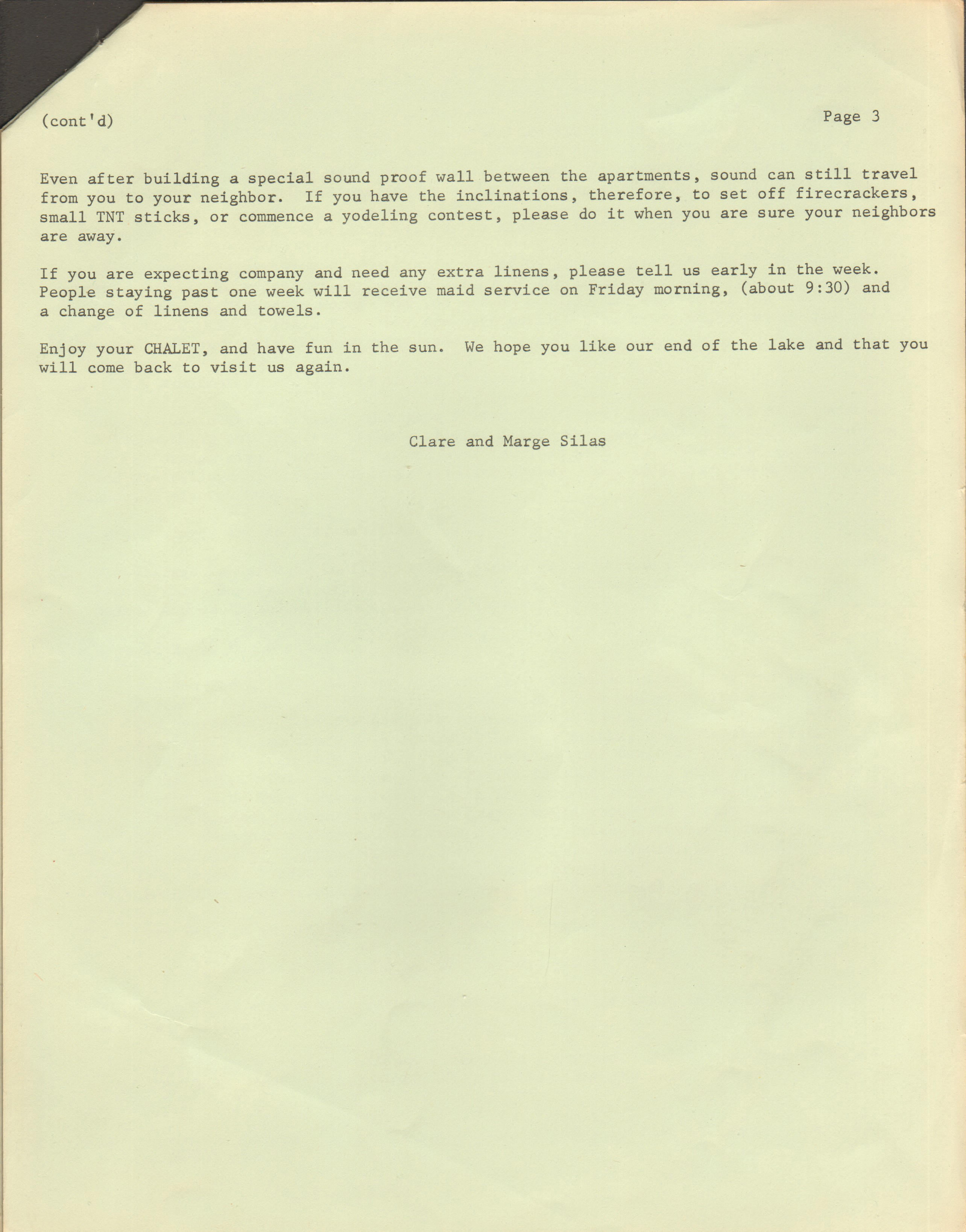 loose items - Chalet on the Lake - Stevensville MI - welcome letter