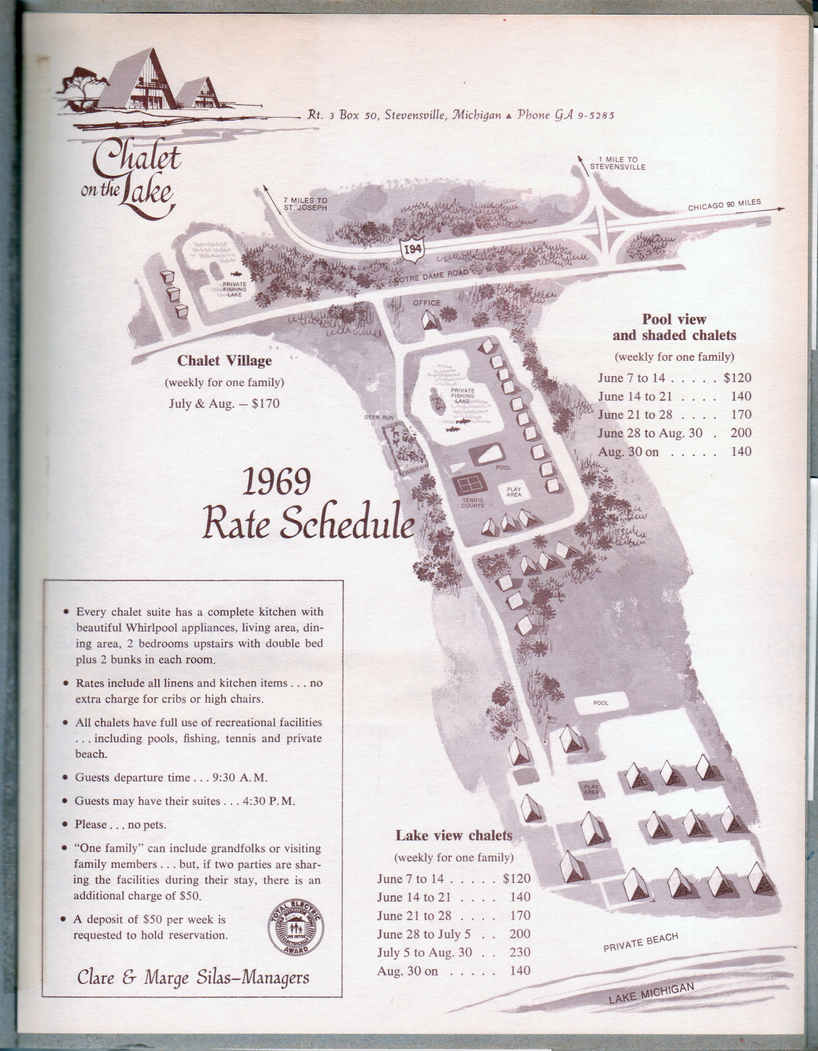 Chalet on the Lake - Stevensville MI - 1969 rate schedule and map