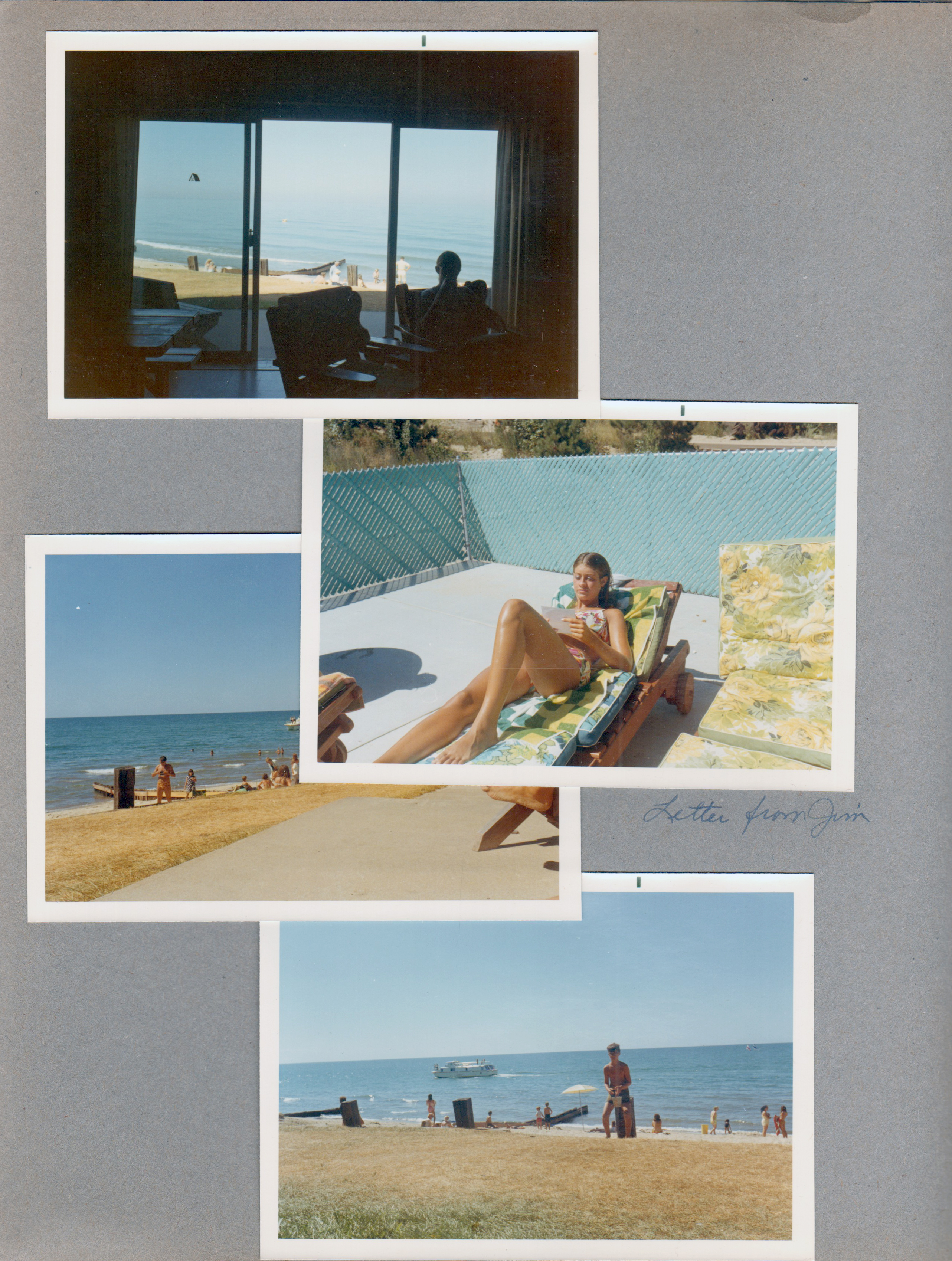 Chalet on the Lake - Stevensville MI - looking out to lake. Susan reading letter from Jim by pool