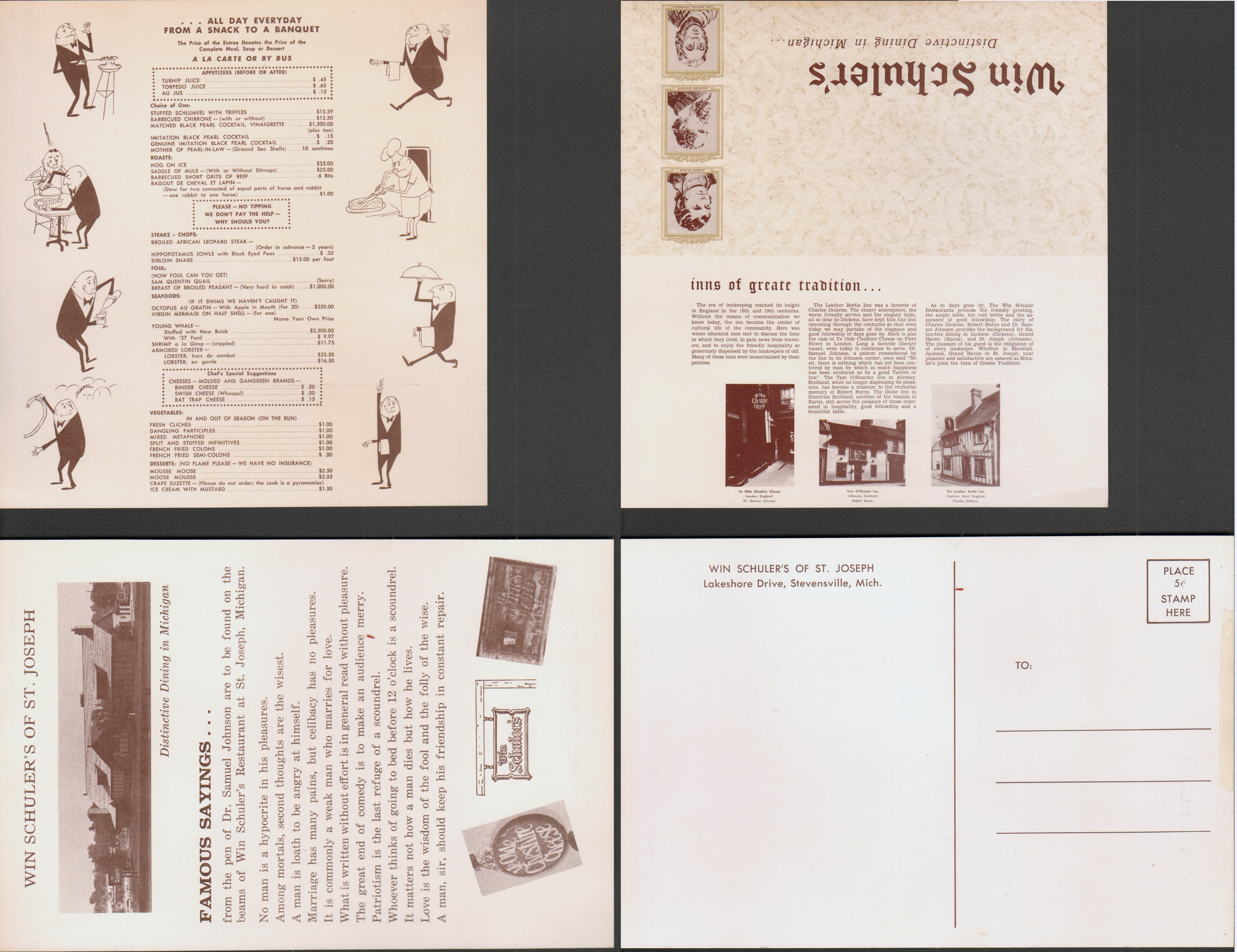 Win Schuler's  postcard booklet and menu