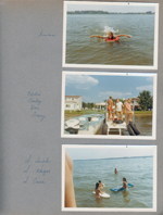 Wawasee - Susan on raft. Eddie, Cindy, Don, Tracy on dock. S. Tuck, S. Hague, S. Crise in lake