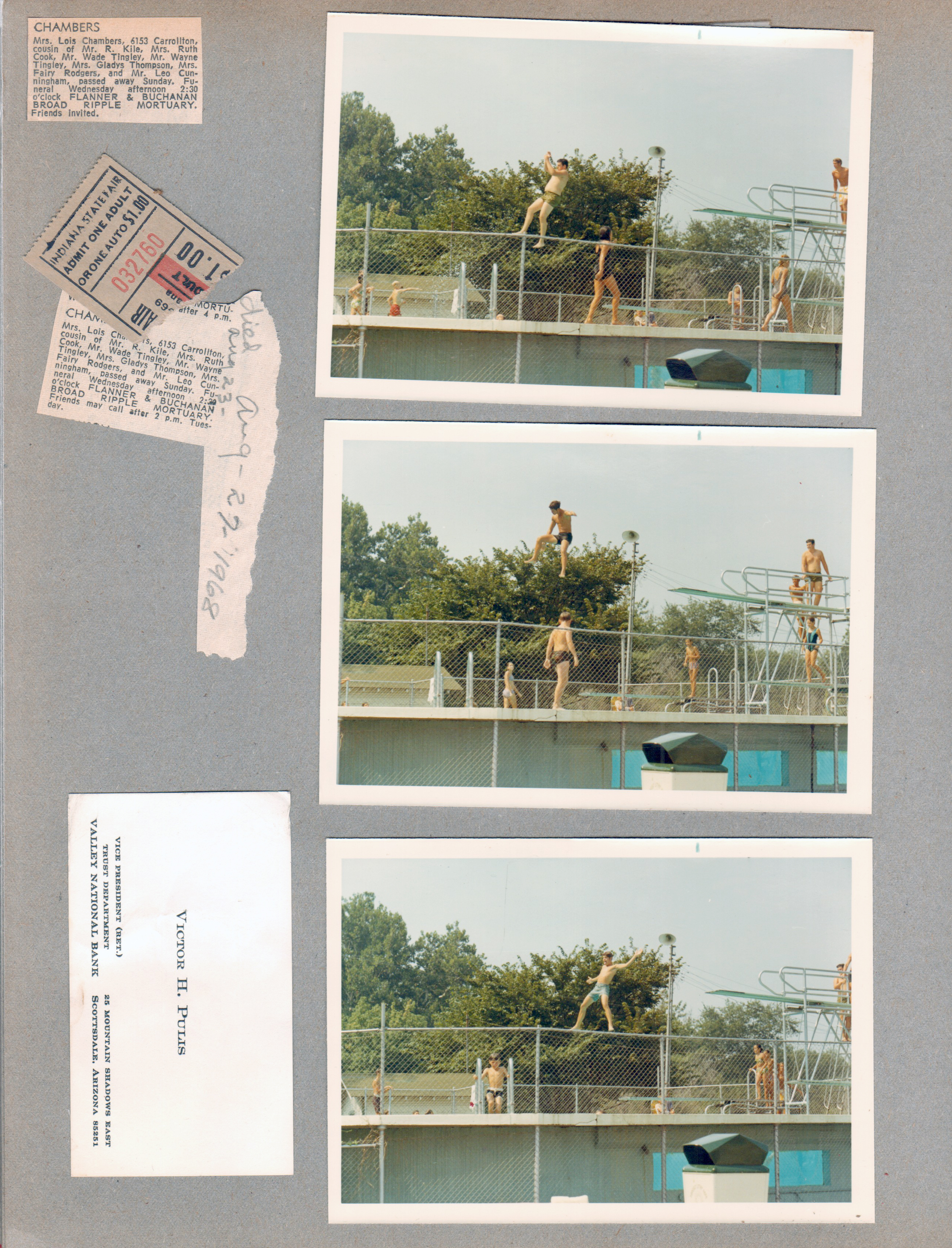 Riviera Club - diving tank. Lois Chambers obit. Indiana State Fair ticket. Victor H Pulis business card