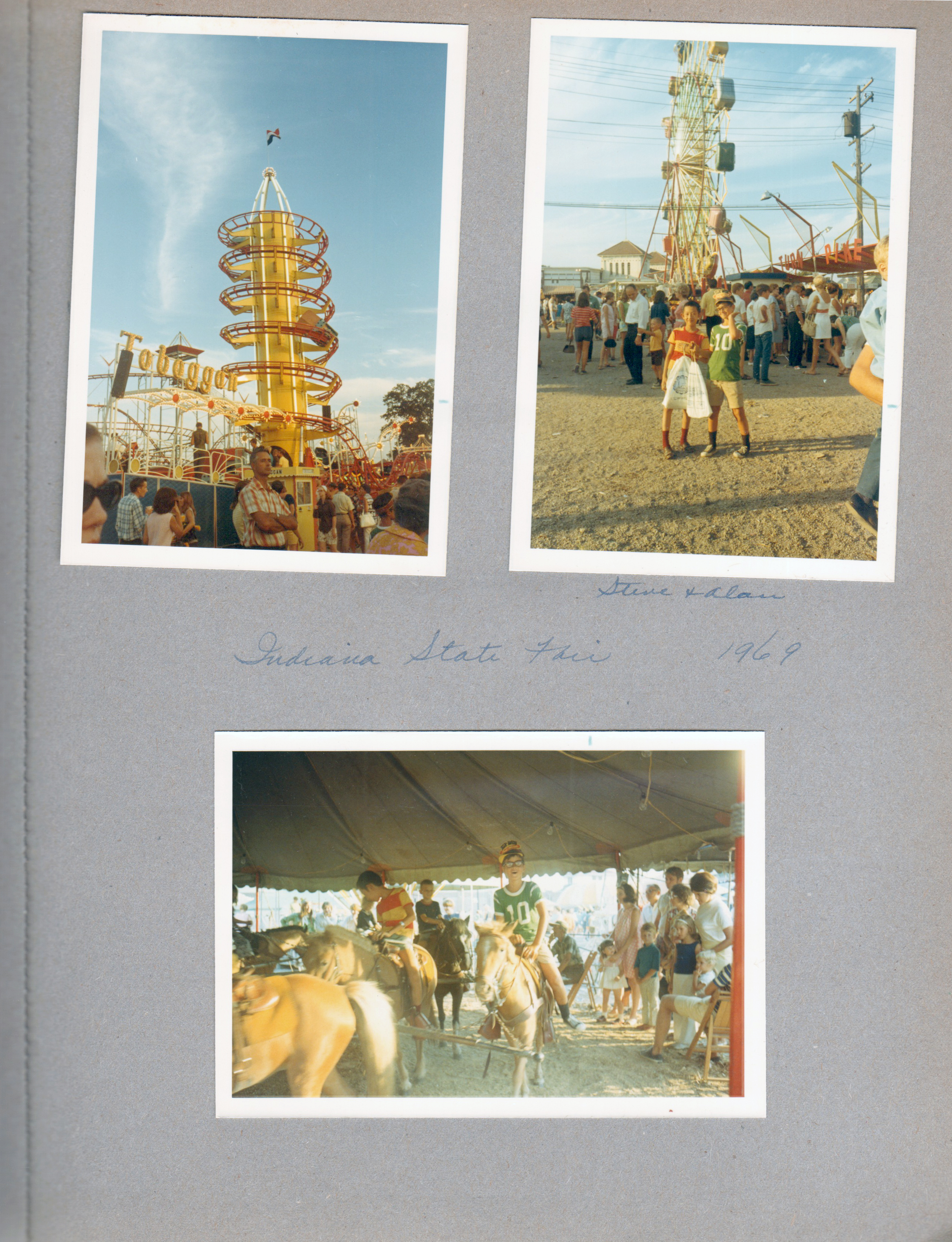 Indiana State Fair - Midway - John corkscrew roller coaster. Steve Chaillard and Alan by Ferris wheel. Riding horses.