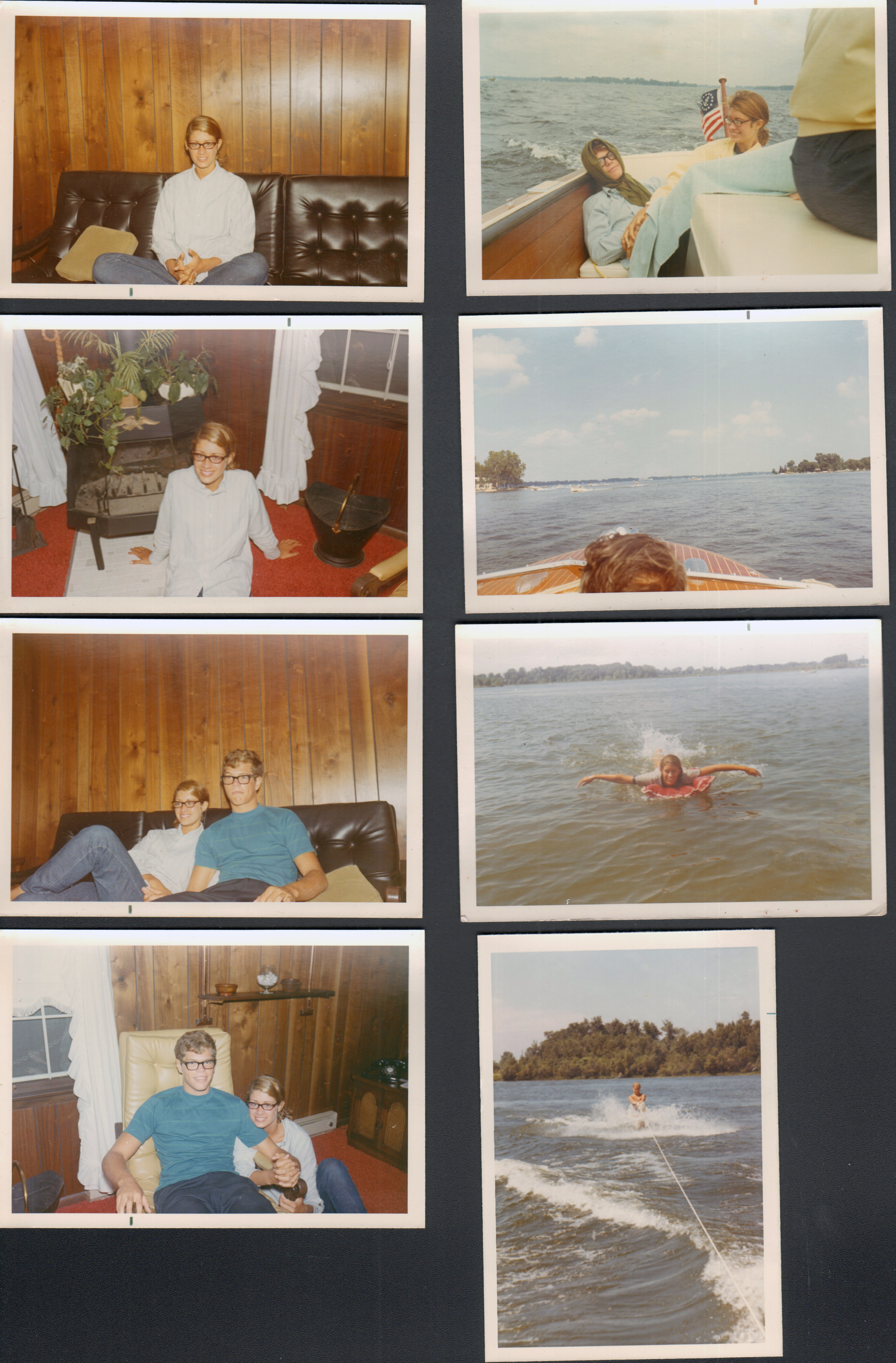 loose photos - Wawasee - Jim Erwin and Susan living room and in boat. Skiing
