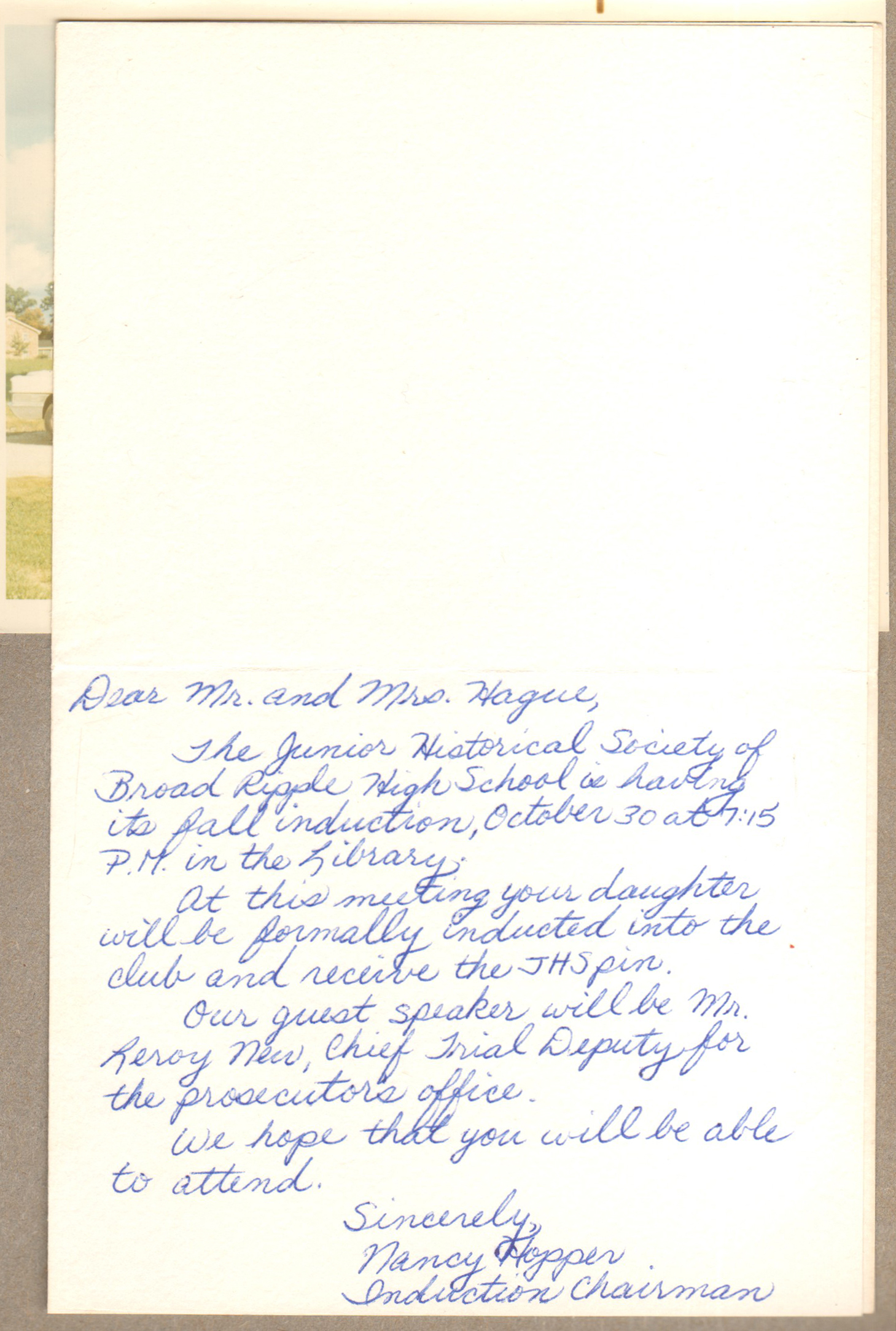 BRHS KP Singh card - Susan induction into Junior Historical Society