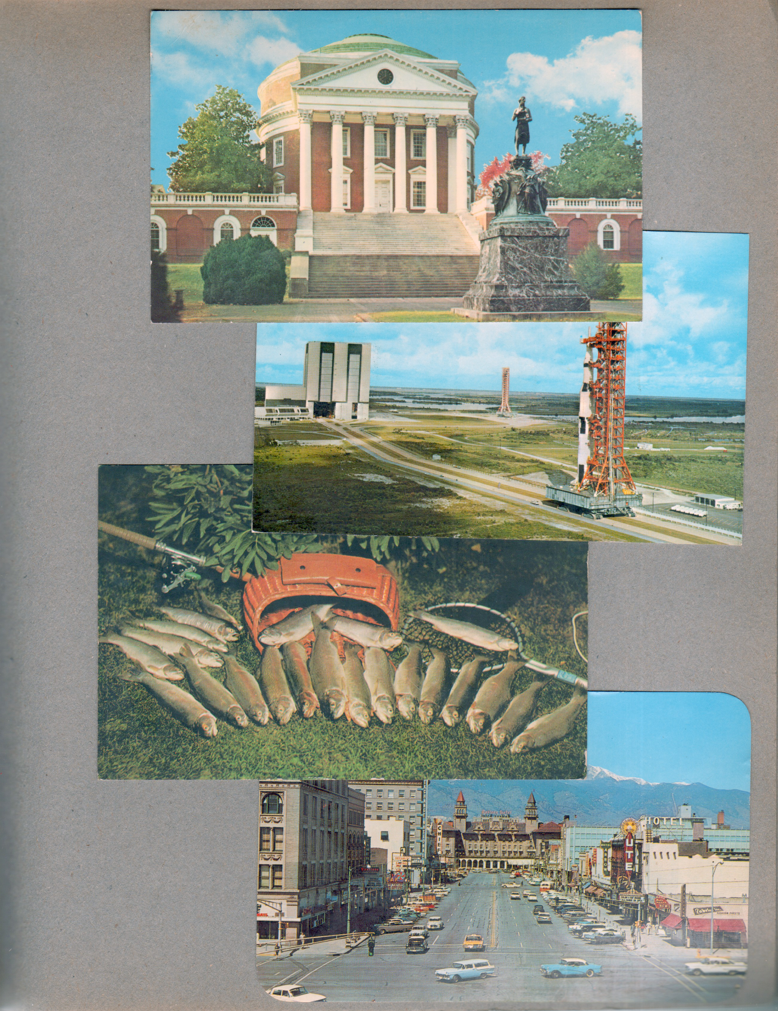 postcard Univ of Virginia from The Morgans 47672-C. postcard John F Kennedy Space Center Saturn V from Warren 101457. postcard Greetings from Sault Ste Marie Canada from Girstle 5S-29361-B. postcard Pikes Peak Ave Colorado from Bill Quatman 47388-B.