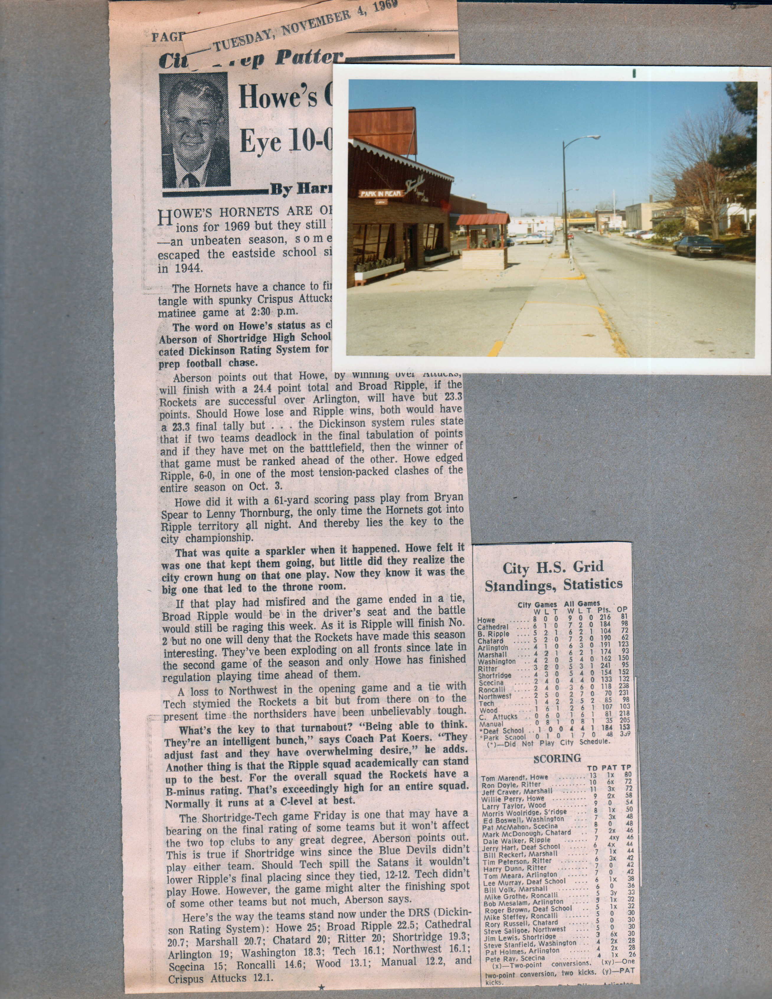 newspaper clipping - Howe football. Looking north on Carrollton from 62nd Stenzdale wishing well, post office, Sherwin-Williams.