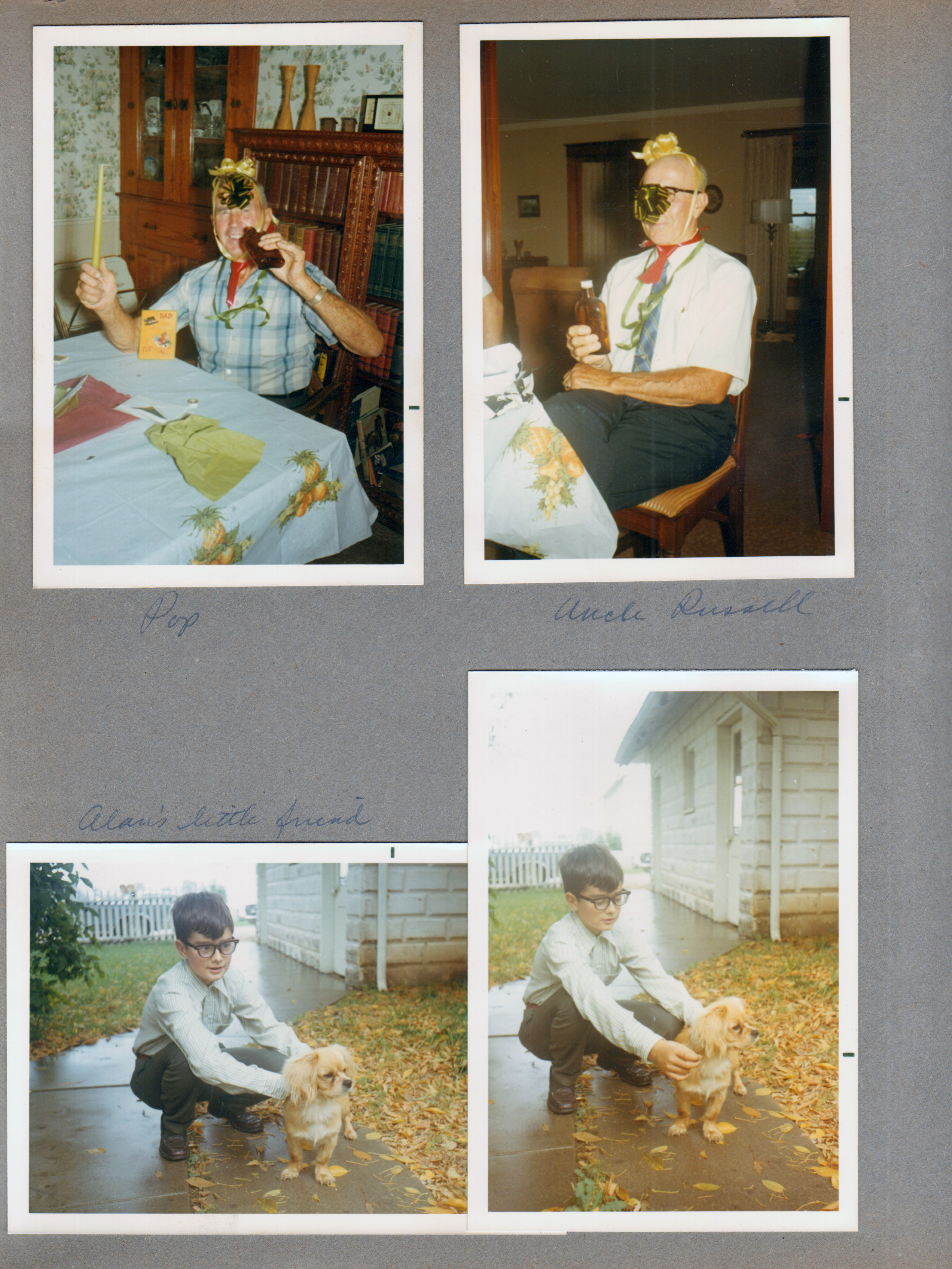 8815 Haverstick - Girstle's birthday - dining room - Girstle with bottle. Russell with bottle. Alan with tiny dog by garage.
