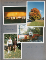 BRHS stage - Homecoming queens? Fall tree. Susan in cheerleader outfit next to float. With Rosemary by 6122 castor bean.