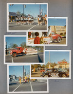 BRHS Homecoming Parade on BR Avenue - cheerleaders  - Peggy, Heidi. Float passing school. Dori Patterson on float passing Bill Kuhn used cars. Passing Colonial Liquors and razed buildings on Westfield.