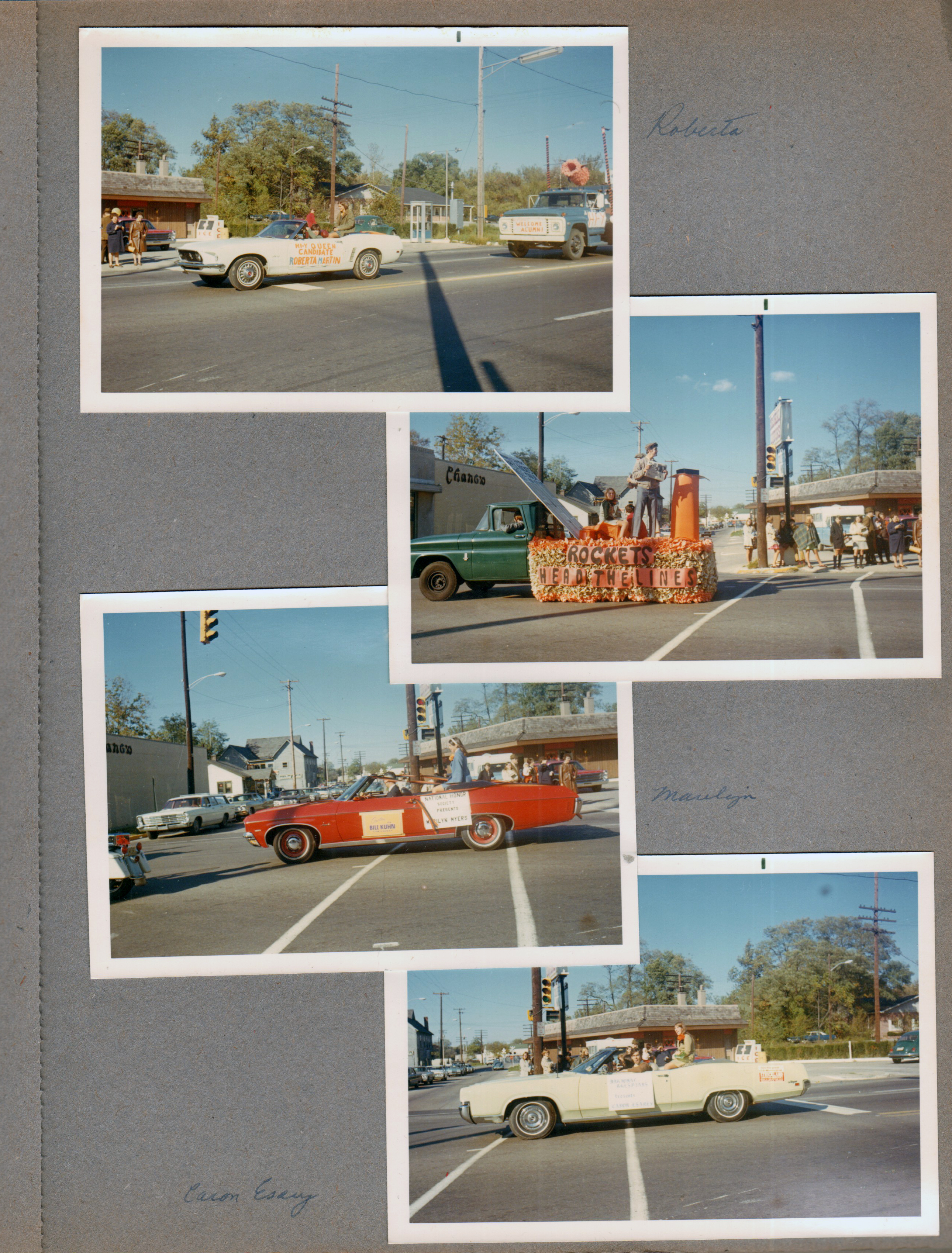 Homecoming Parade on BR Avenue - Roberta Martin in float car. passing Chang's and Colonial Liquors. Marilyn. Caron Esarey.