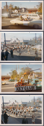 Homecoming Parade on BR Avenue - Caron Esarey passing Colonial Liquors. Marching band passing Monon tracks and A&P.