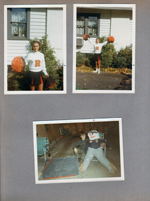 6122 driveway - Rosemary in cheerleader outfit. Alan in garage with dummy from parade.