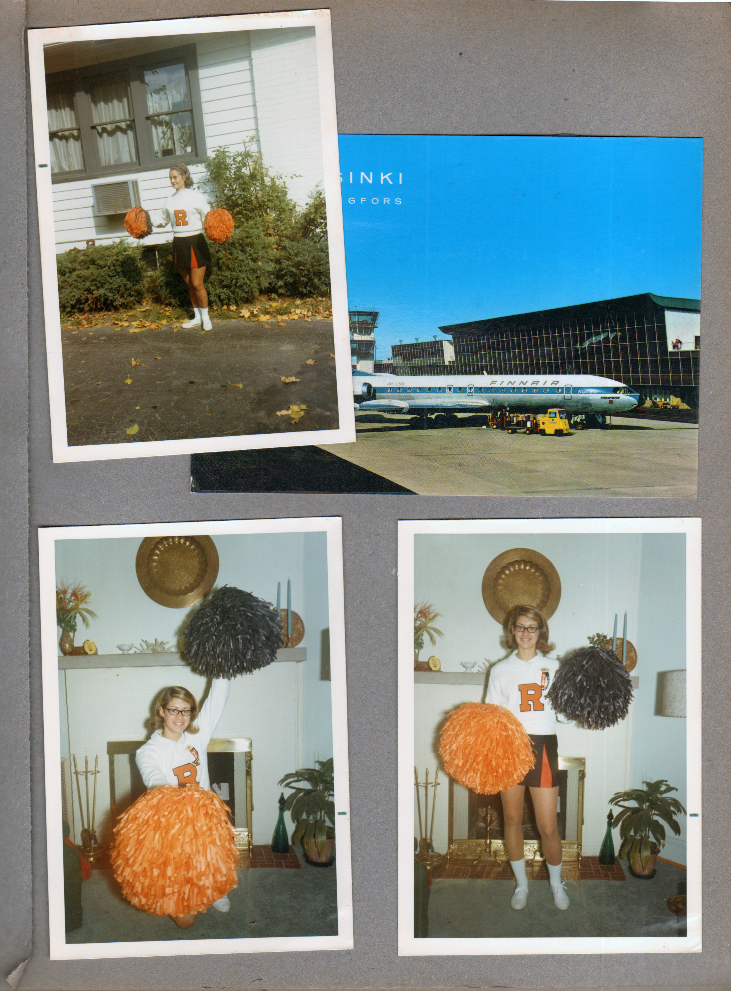 6122 driveway - Rosemary in cheerleader outfit. Living room - Susan in cheerleader outfit. postcard Helsinki airport from Warren 1231/105.