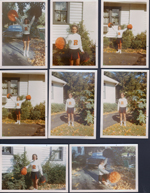6122 driveway - Rosemary and Susan in cheerleader outfit. Castor bean.