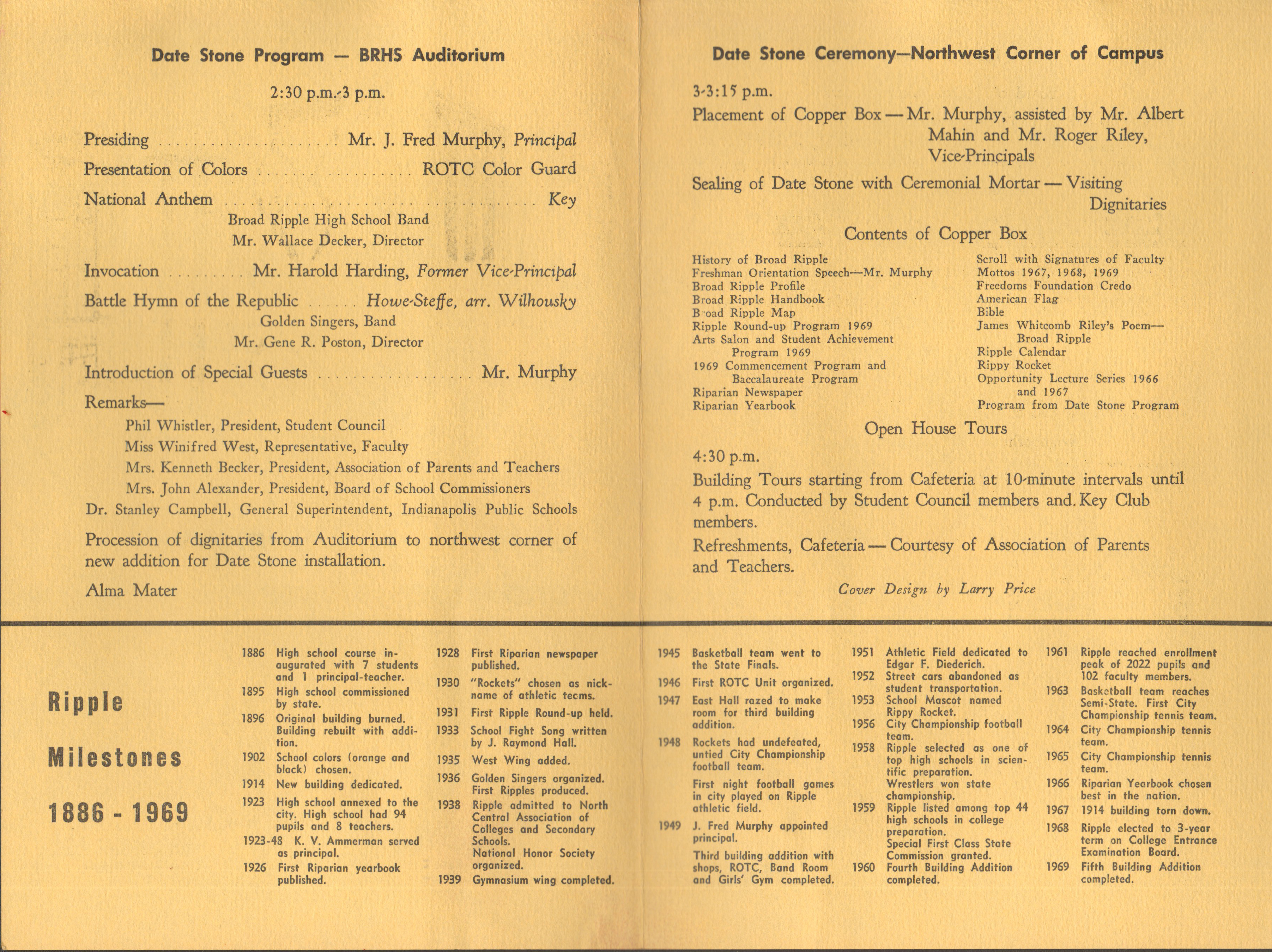 BRHS date stone ceremony program - Nov 9 1969 - contents of box. BRHS timeline.