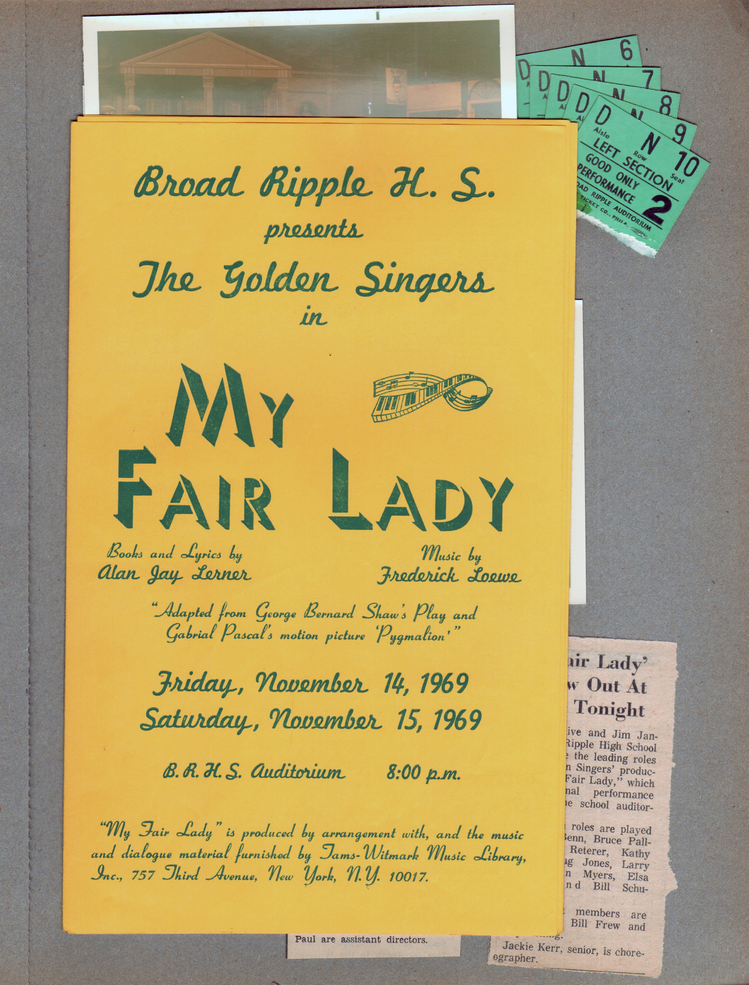BRHS Golden Singers present My Fair Lady program. Tickets. newspaper clipping