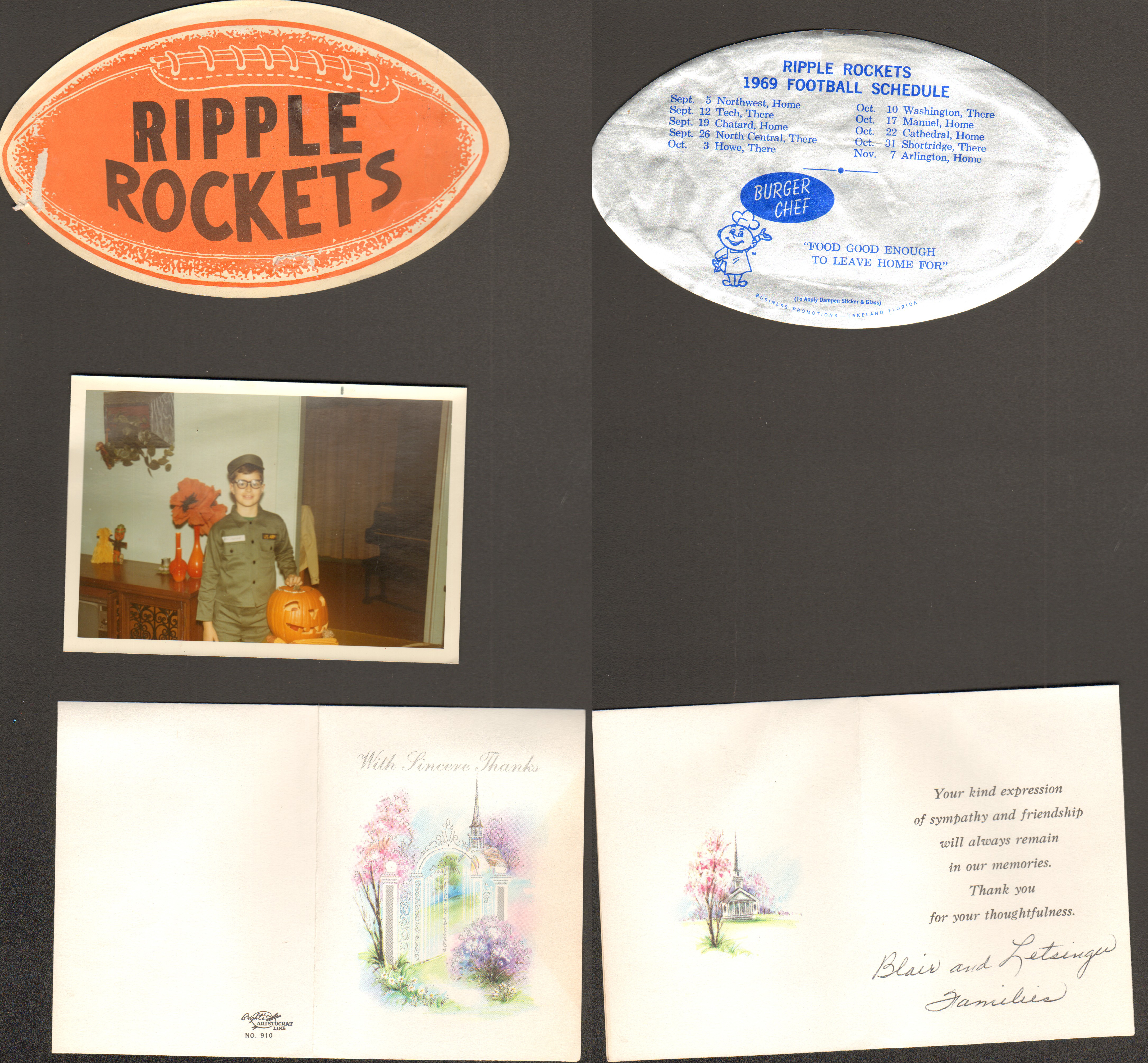 Ripple Rockets sticker with Burger Chef ad. Thank You card from Blair and Letsinger families.