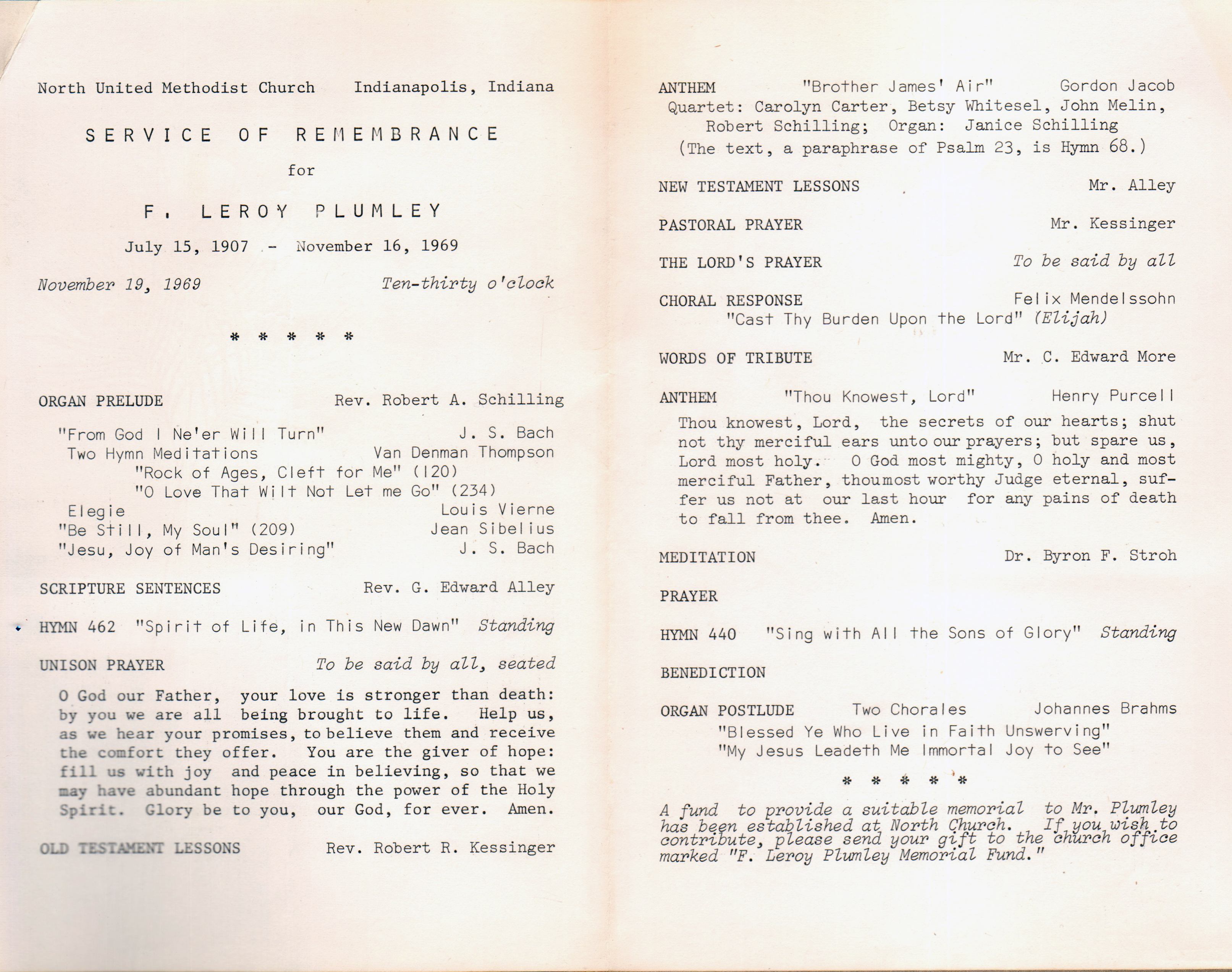 Leroy Plumley obit. Program