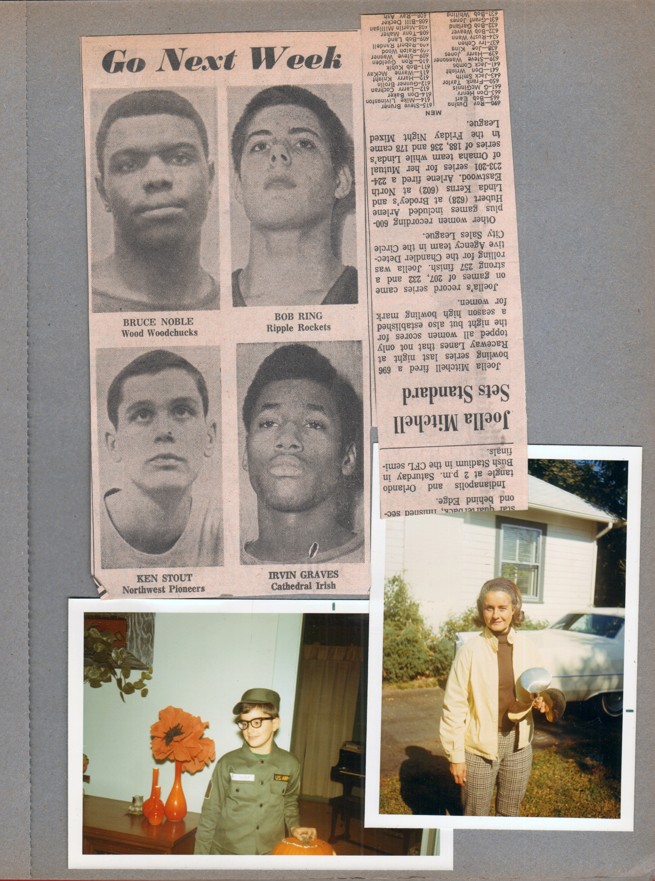 newspaper clipping - BRHS football. 6122 living room - Alan Halloween. Driveway Rosemary with propeller by Cadillac.