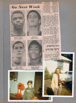 newspaper clipping - BRHS football. 6122 living room - Alan Halloween. Driveway Rosemary with propeller by Cadillac.