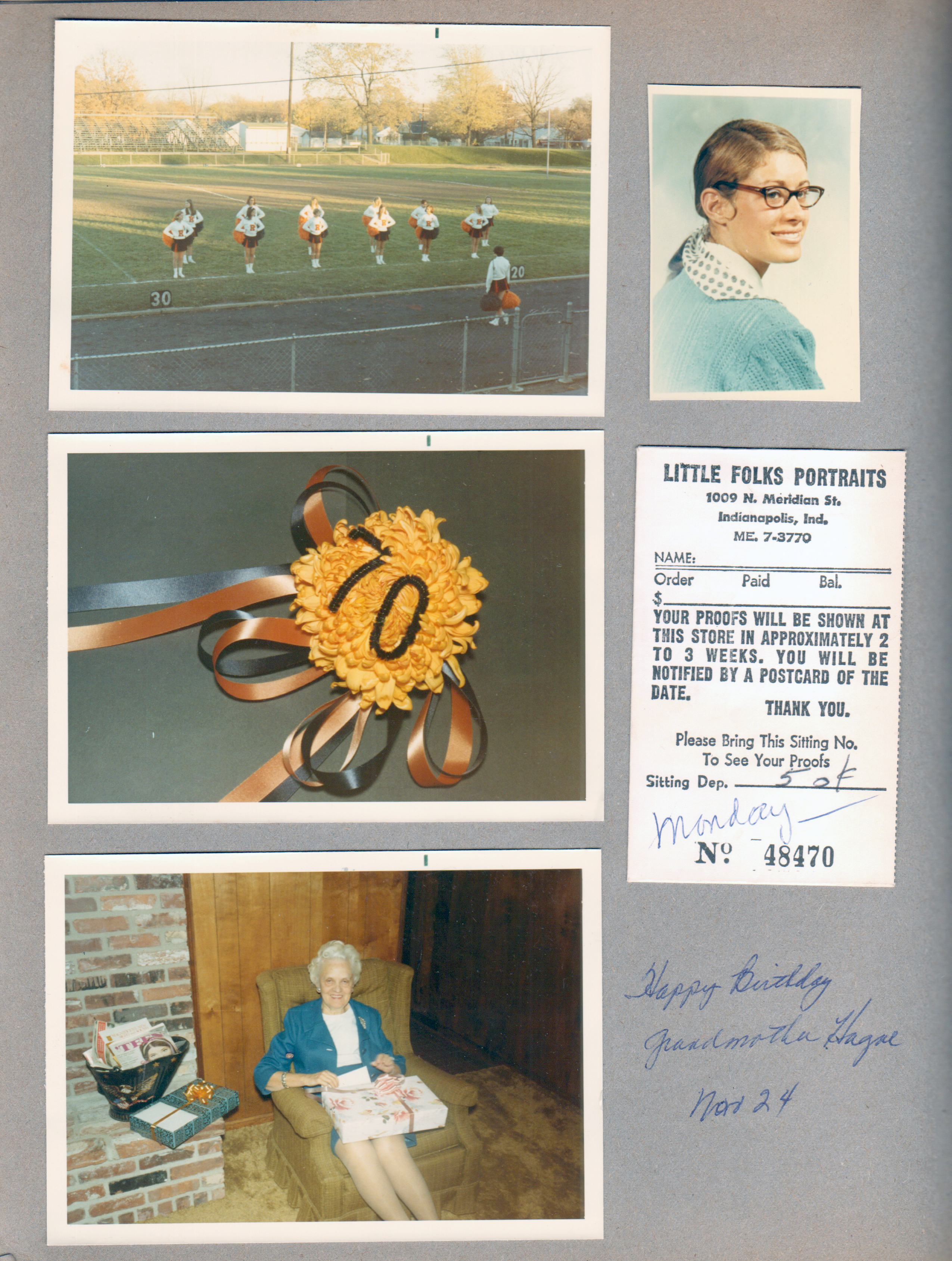 BRHS field - cheerleaders. Susan portrait. BRHS 70 corsage. Portrait receipt. 8817 Haverstick Helen Hague birthday at Glen's house.