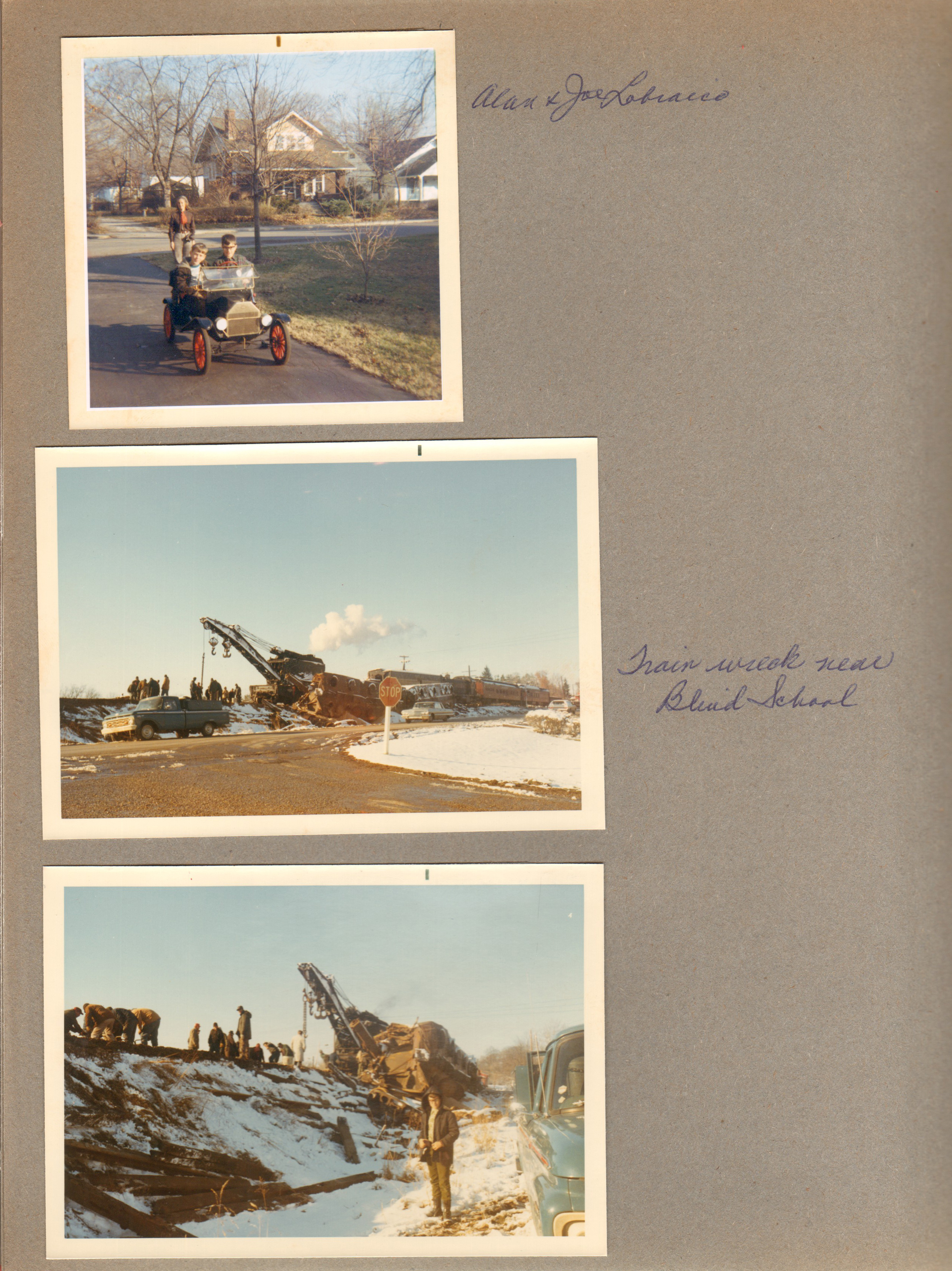 6122 driveway - Alan and Joe Lobraico in little car - Rosemary. Train wreck near Blind School (around 75th and Westfield) - Alan