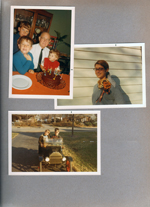 6122 dining room - Curt's birthday - Ronnie, Kenny, Curt, Bill. 6122 driveway - Susan with BRGS corsage. Alan and Joe Lobraico in little car.