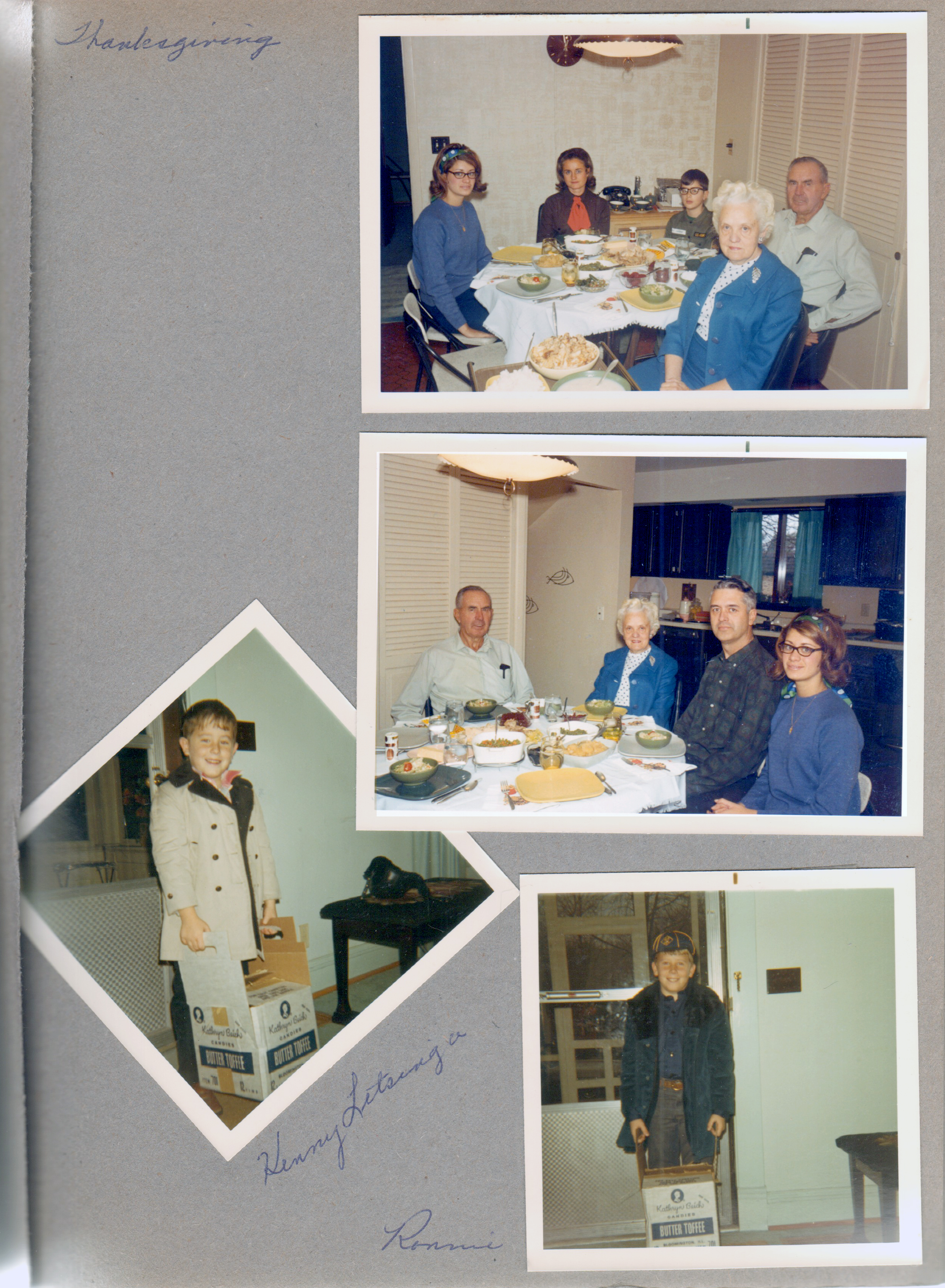 6122 kitchen - Thanksgiving - Susan, Rosemary, Alan, Girstle, Helen. John. Kenny and Ronnie Letsinger selling candy for school.