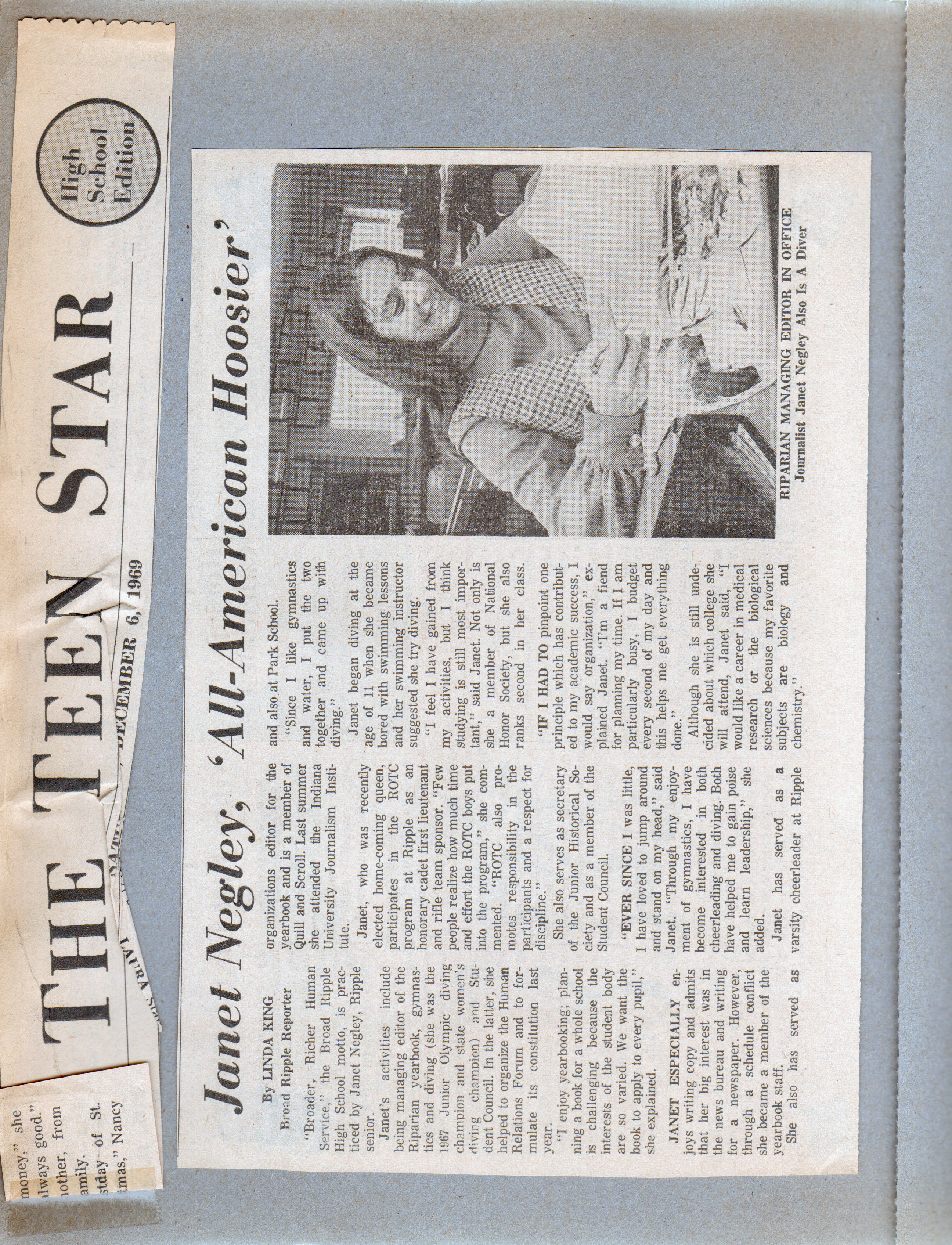 newspaper clipping - Teen Star - Janet Negley