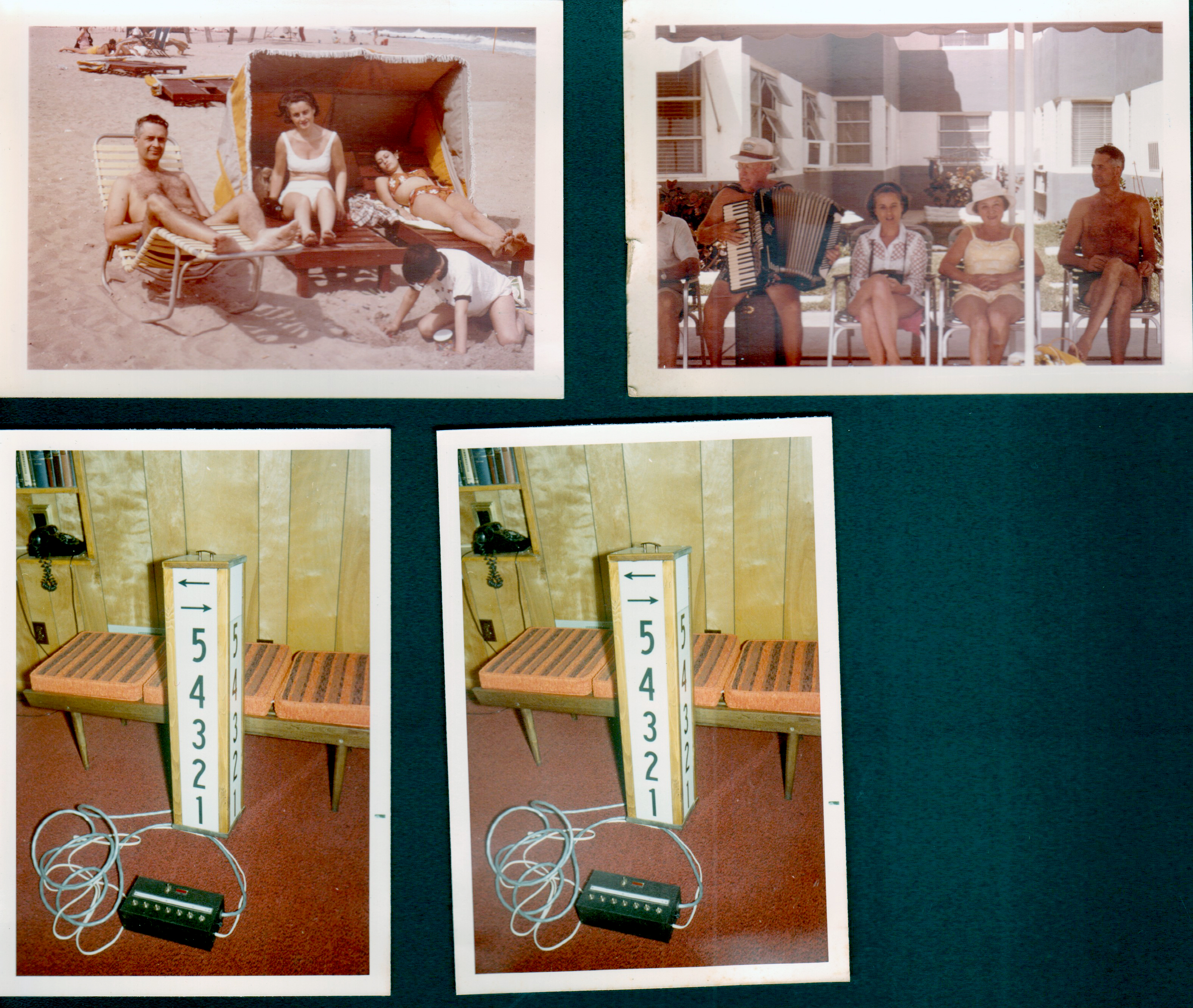 loose photos - Hollywood Beach - Neptune - John, Rosemary and Susan in cabana, Alan. Charles Benfield playing accordion chairs under awning on broadwalk -Rosemary and John. 6122 basement - John made penalty sign for BRHS basketball. 