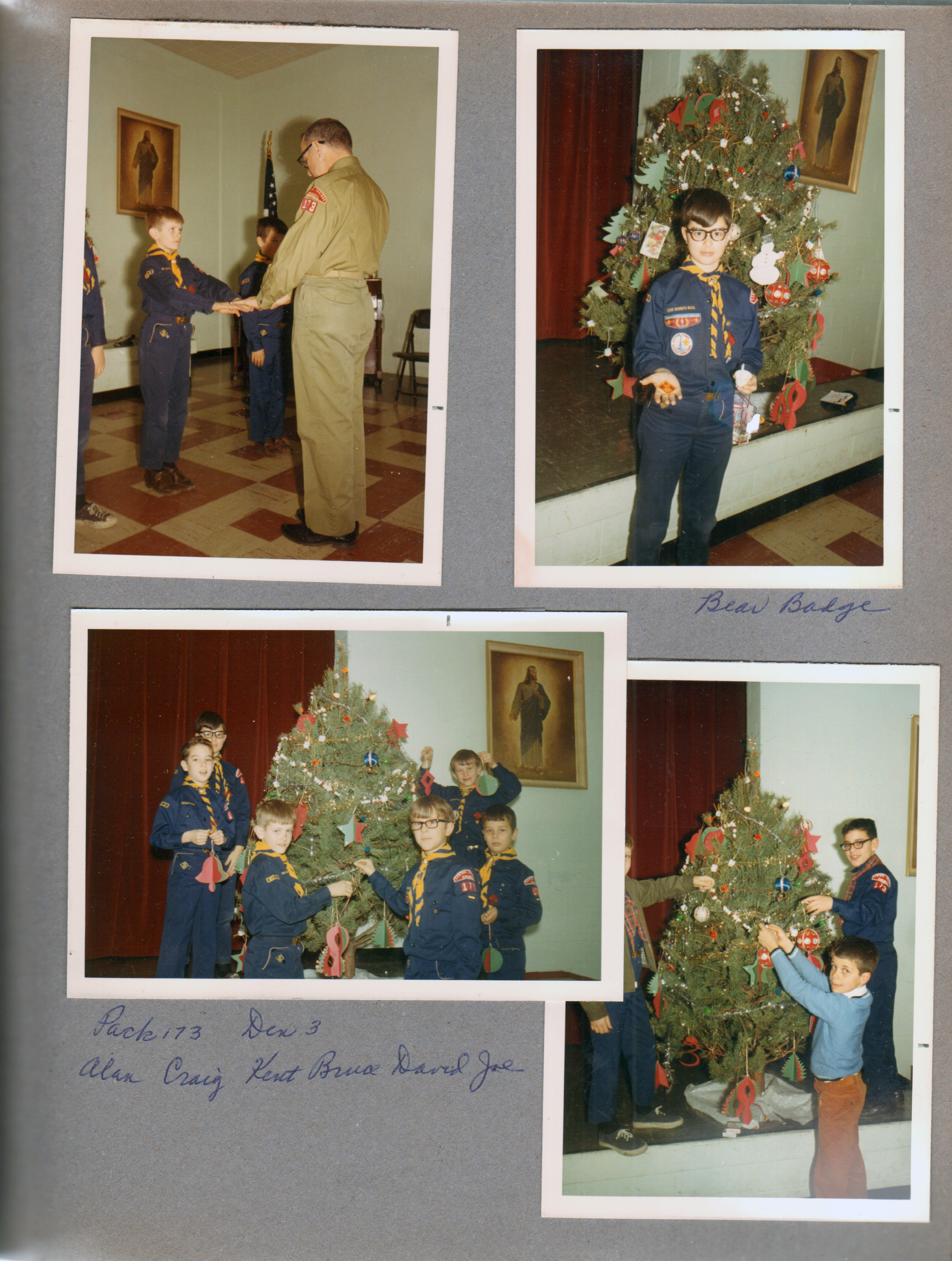 Probably Northminster basement - Cub Scouts Christmas. Alan. Pack 173 Den 3. Alan, Craig, Kent, Bruce, David, Joe.