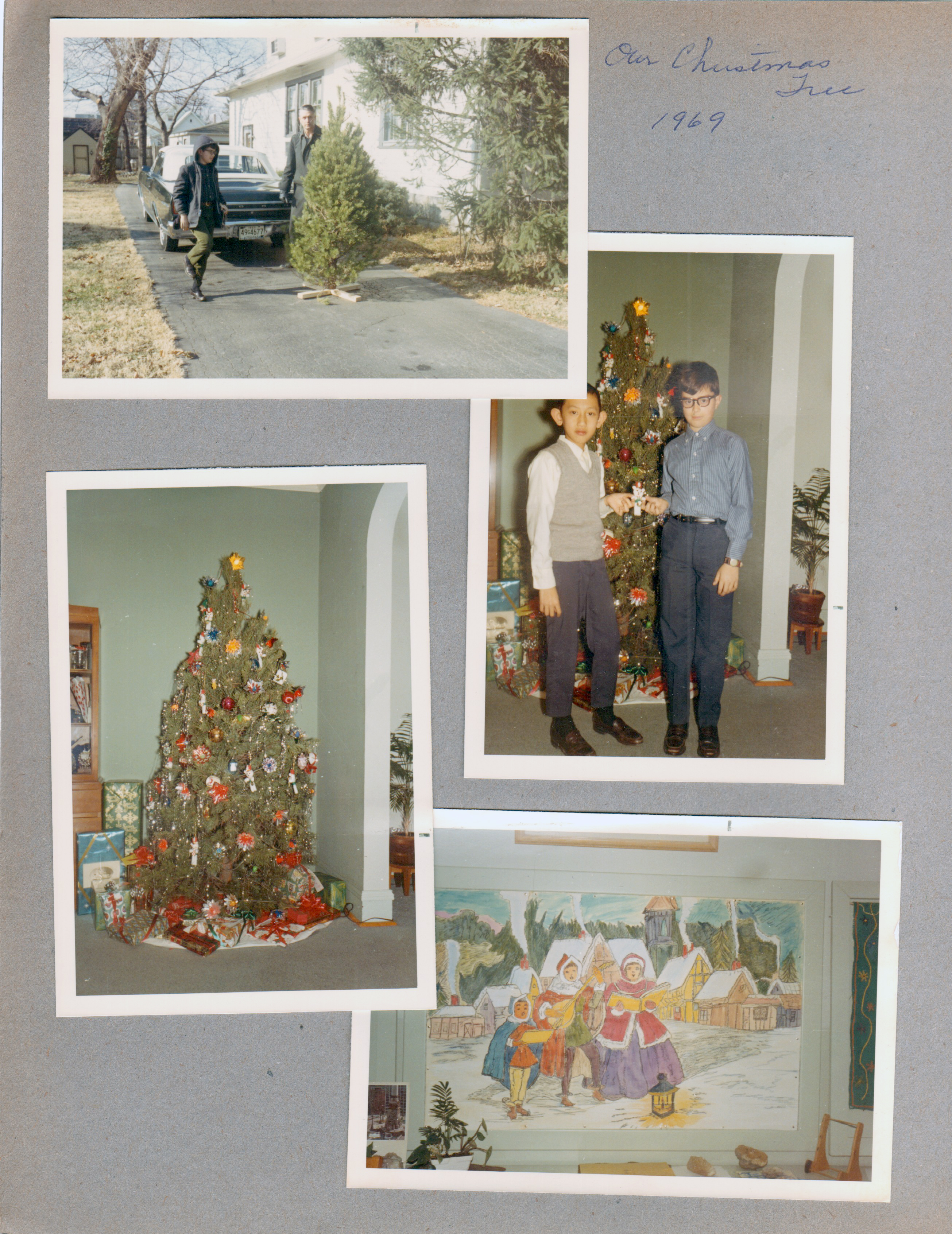 6122 driveway - Alan and John with Christmas tree.  Dining room - Steve Chaillard and Alan with tree.  Christmas mural at School 80.