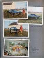 8815 Haverstick - by barn - Rosemary with new 1970 Ford Galaxie XL convertible. Alan with Christmas mural at School 80 (we used opaque projector to sketch it)