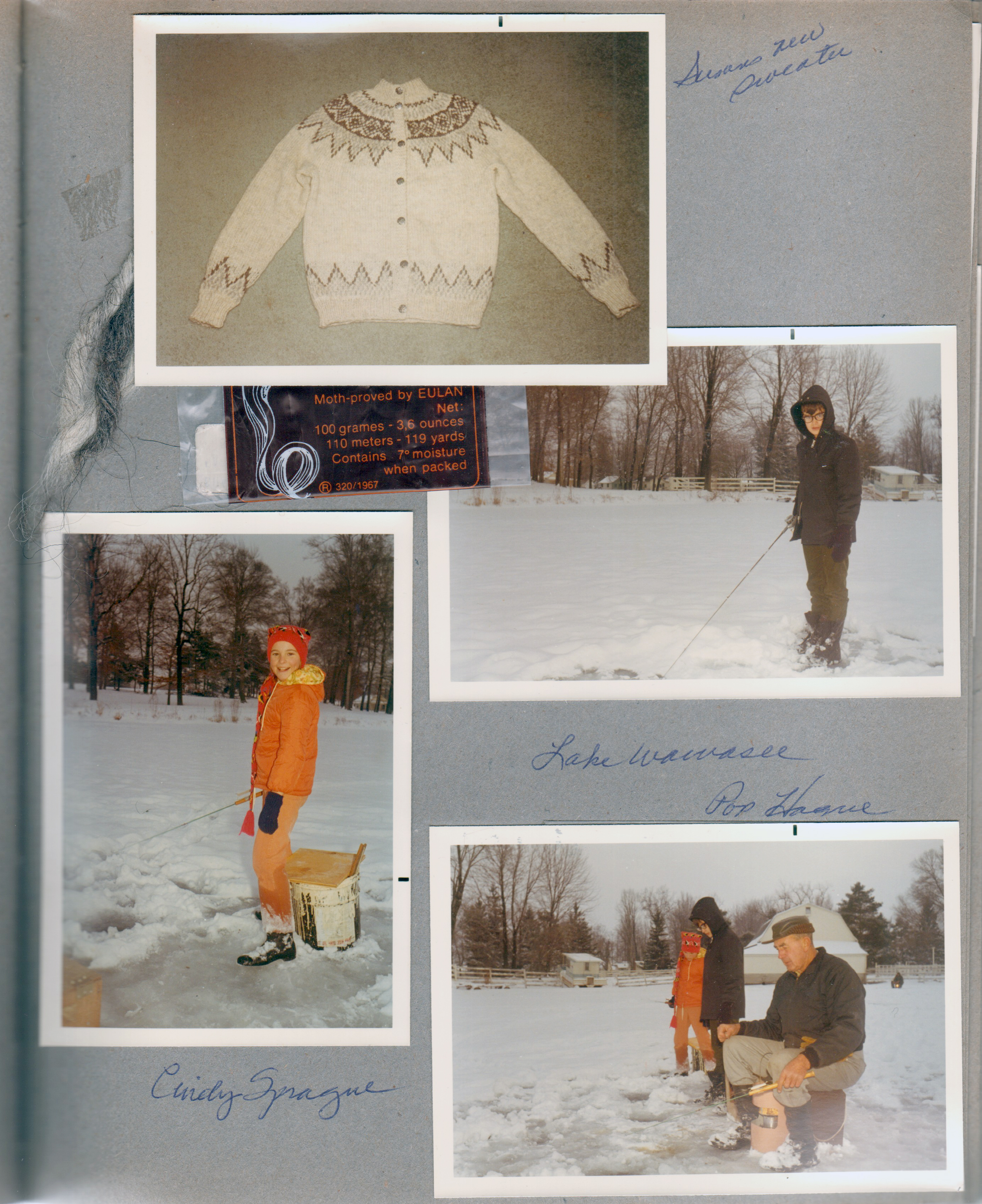 Susan's new sweater Rosemary knitted. Wawasee - ice fishing - Alan, Cindy Sprague, Girstle.