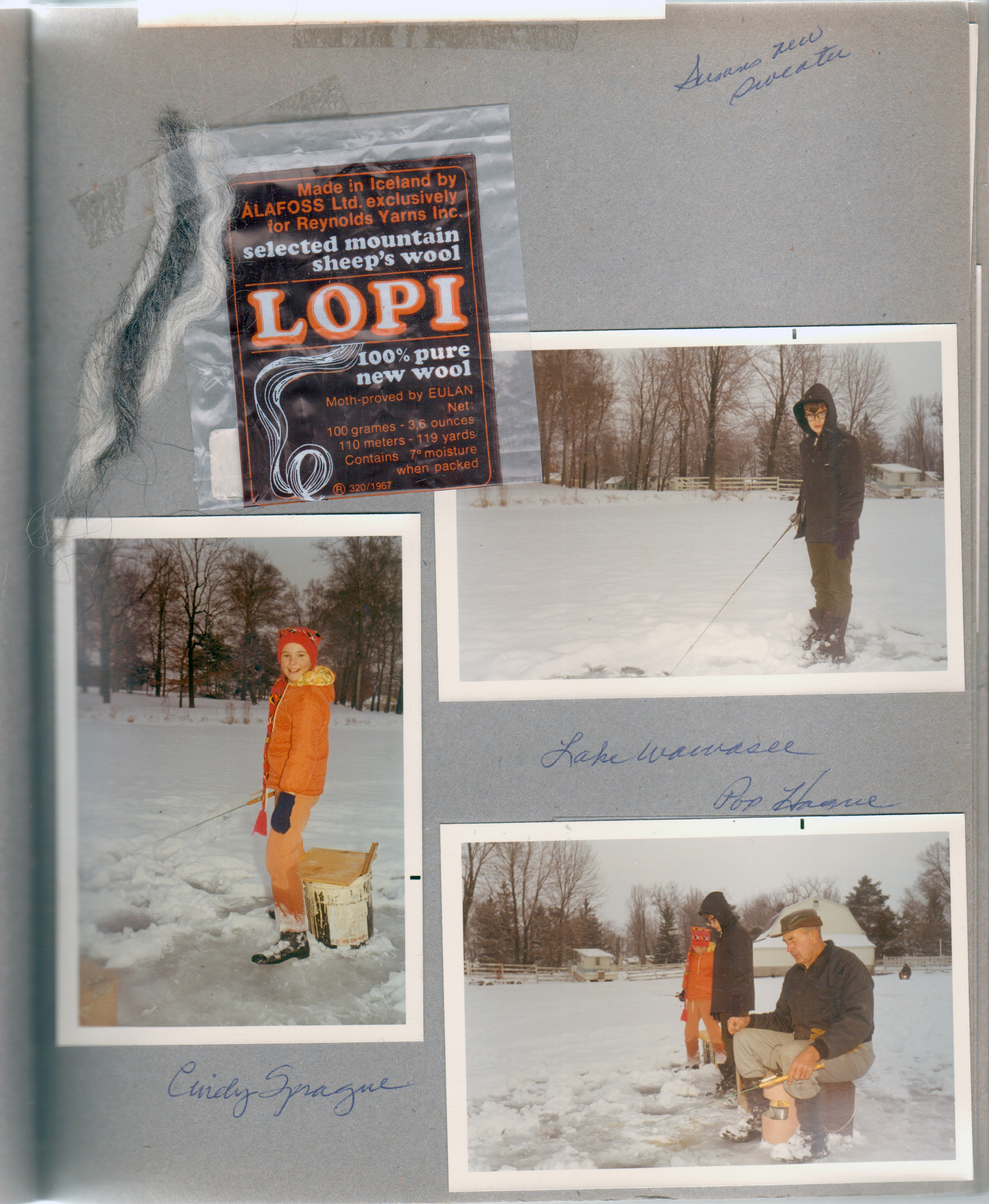 Susan's new sweater wool label Rosemary knitted. Wawasee - ice fishing - Alan, Cindy Sprague, Girstle