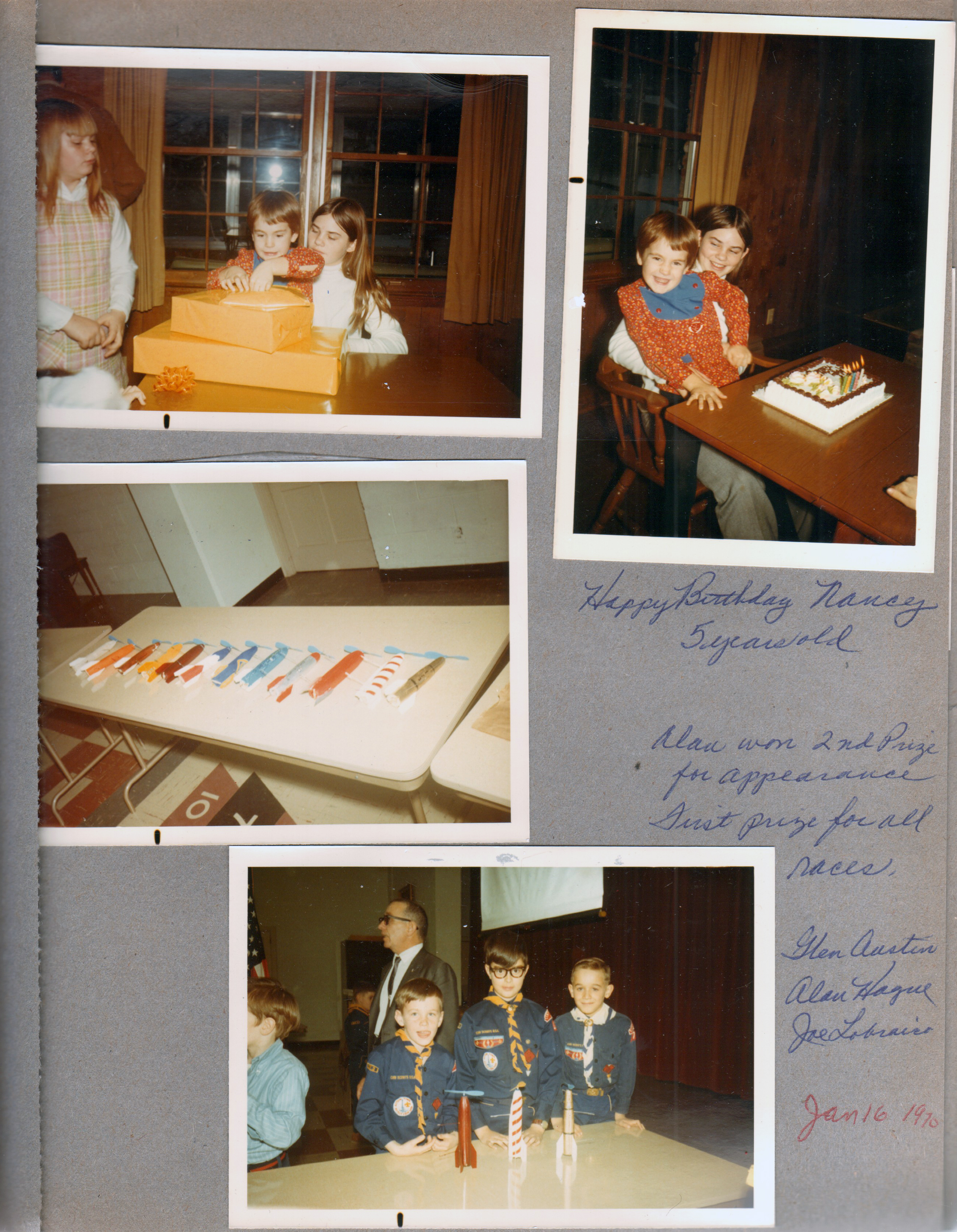 8817 Haverstick - Nancy's 5th birthday - Tracie, Nancy, Ronna. Nancy and Ronna and cake. Cub Scouts rocket races. Alan 2nd place. Glen Austin, Alan, Joe Lobraico.