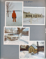 Wawasee - Cindy Sprague in snow. John at rear of house.  6122 yard - Cadillac in snow, playhouse.