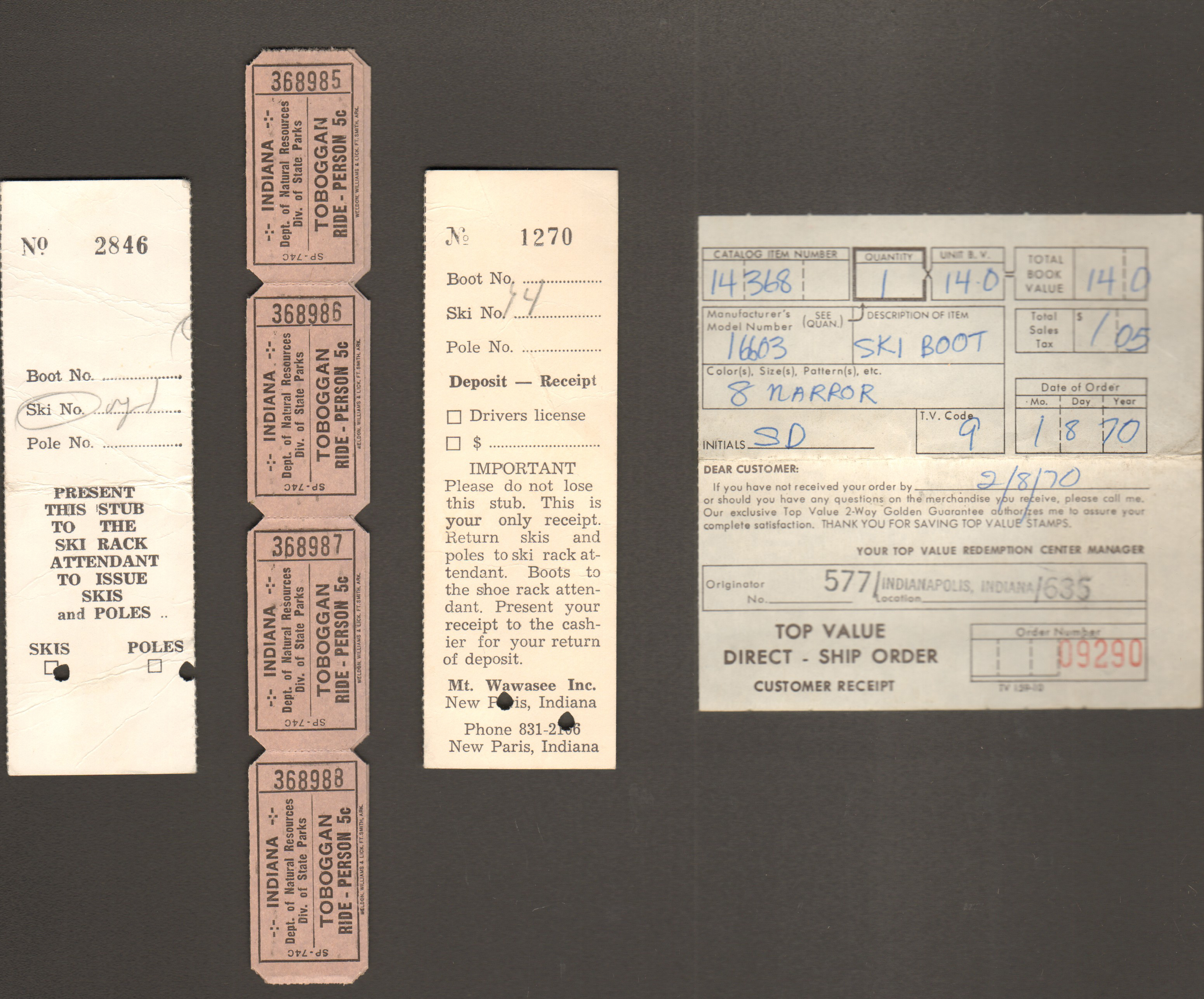 Mt. Wawasee & Pokagon toboggan - tickets, receipt.