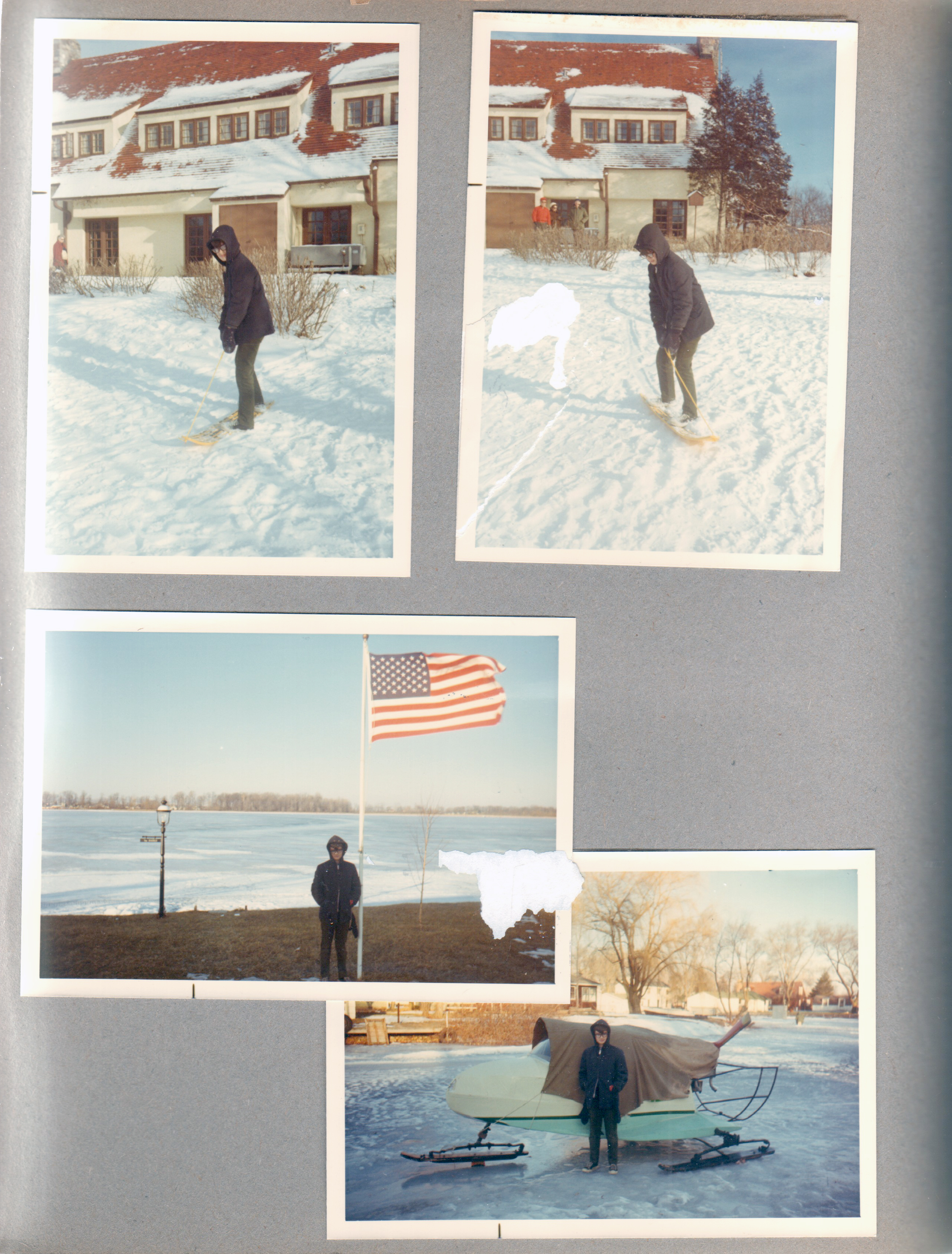 Pokagon - toboggan - Alan - Snurfer. Alan in front yard by flag. On ice by ice boat.