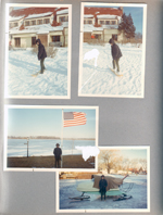 Pokagon - toboggan - Alan - Snurfer. Alan in front yard by flag. On ice by ice boat.